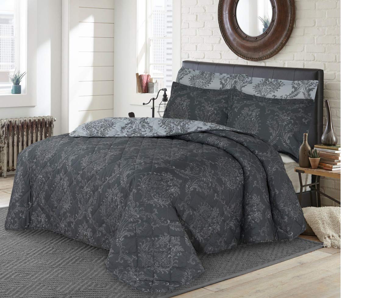 Looms & Leaves Grey Royal Damask Duvet Quilt Cover Set In Single Double King Sizes (, Double)
