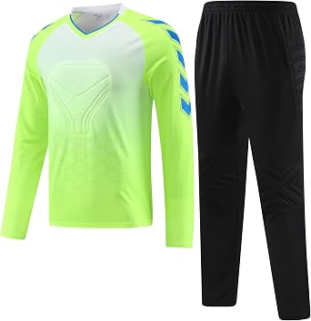 Hiheart Boys Goalkeeper Soccer Jersey and Pants Set Padded Long Sleeve Goalie Shirt