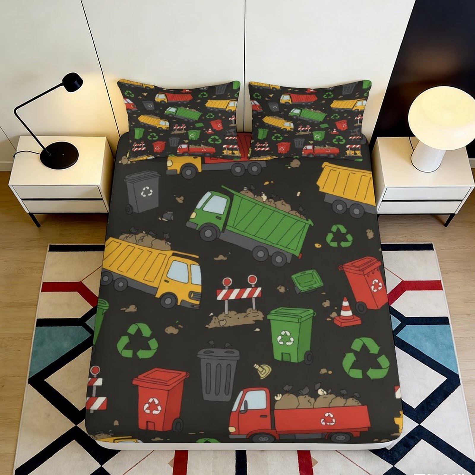 3D Printed Garbage Truck Fitted Sheet Microfiber Black Recycling Bin Mattress Cover for Bedroom Dorm Room Decor 118 chars 90x200x25cm