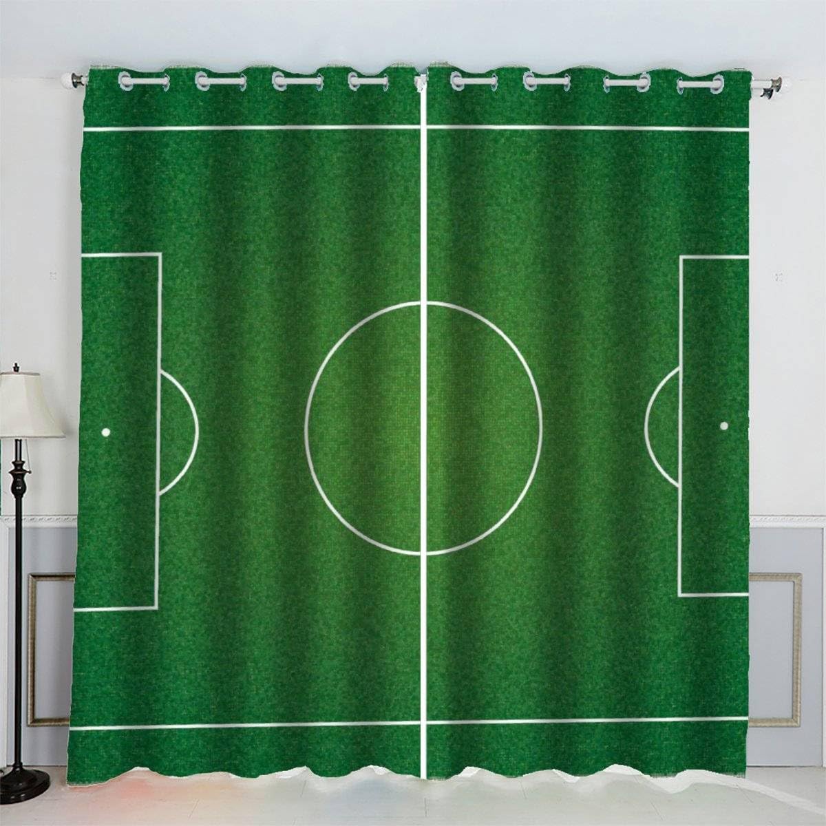AKATIE Blackout Curtain Football Field Kid Insulated Drapes Green 3D Print Eyelet Window Curtains for Boys Girls Teens Children kids Bedroom Set of 2 Panels (W150xL166cm)