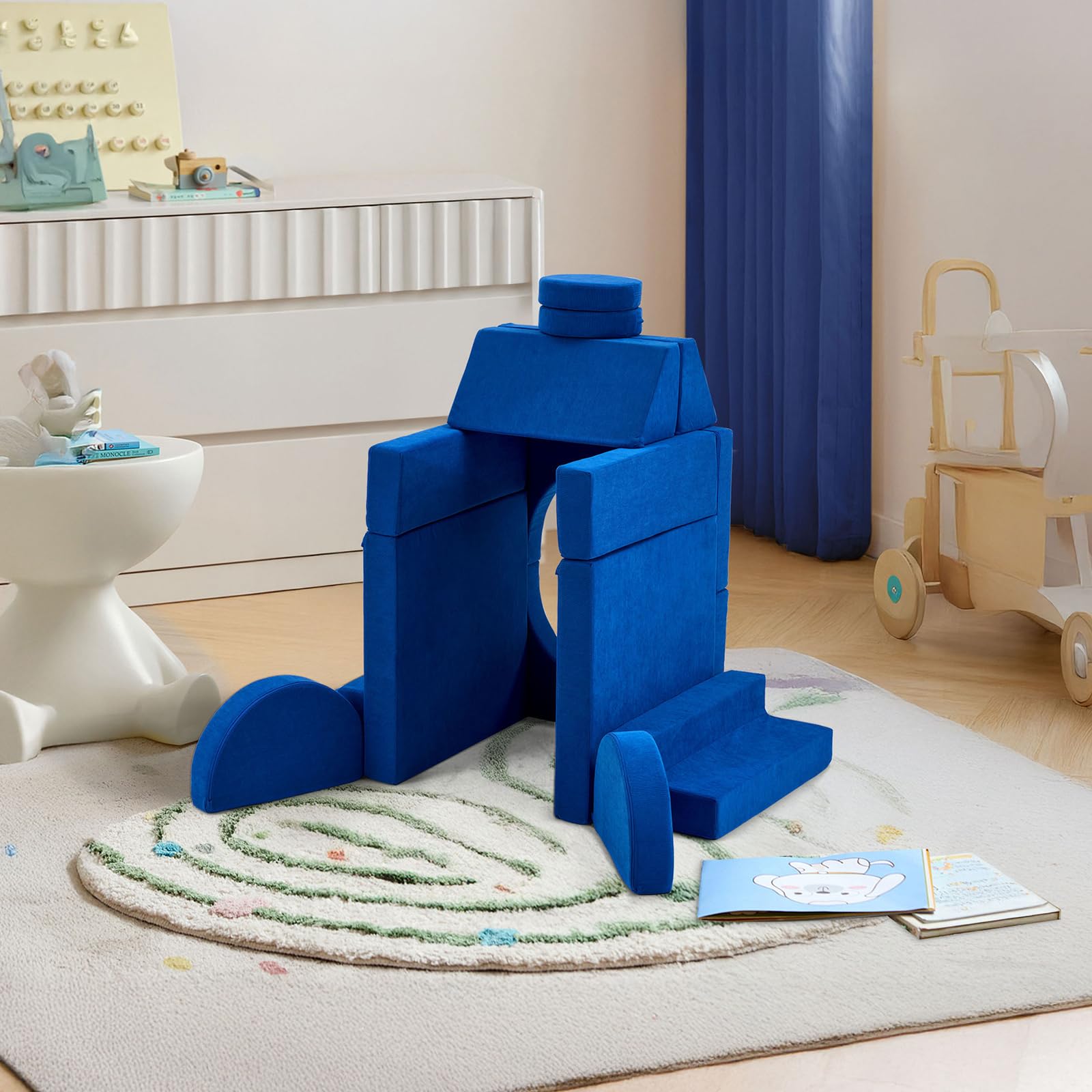 LALAHO Canape pour Enfant Modulaire，Chauffeuse 2 Places，Chauffeuse & Canapé Convertible Enfant，Velours Côtelé，Librement Combinable，pour Chambre d'enfant, Salle de Jeux，Chambre à Coucher（Bleu）