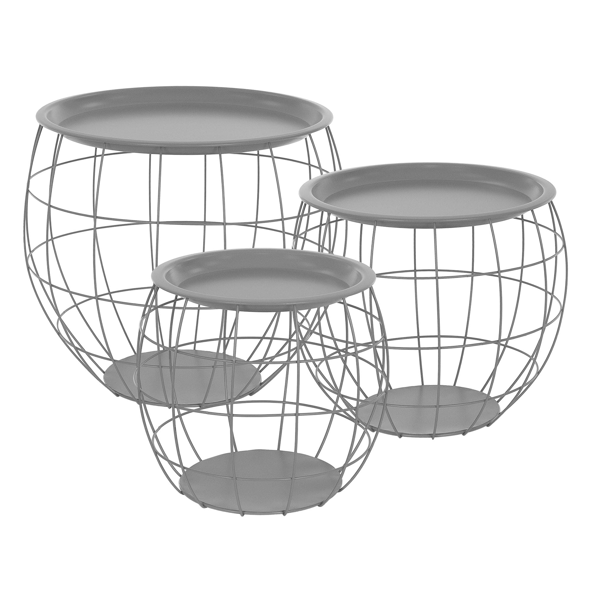 ML-Design Beistelltisch 3er Set, rund, Grau, Metallkörbe Couchtisch 3 Größen Ø31cm/Ø38cm/Ø47cm, Metall, Abnehmbarer Tischplatte, Stauraum, 3-TLG. Wohnzimmertische Sofatische Kaffeetische Satztische