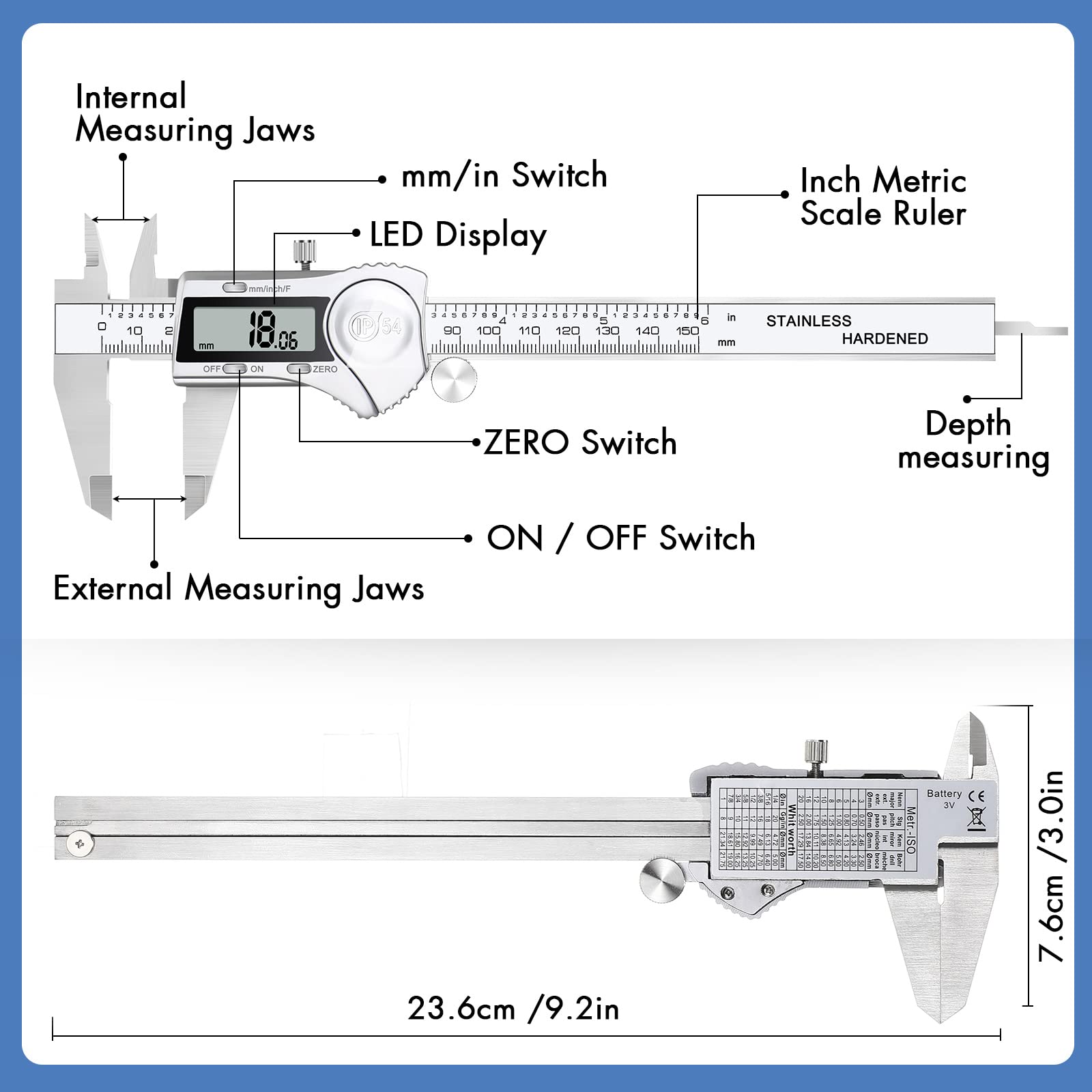 Elektronischer digitaler Messschieber, Umrechnung in Zoll und Millimeter, LCD-Display, 0-6 Zoll (0-6 Zoll), automatische Abschaltung, geeignet für Schmuck/DIY Messung (150 mm/mm)