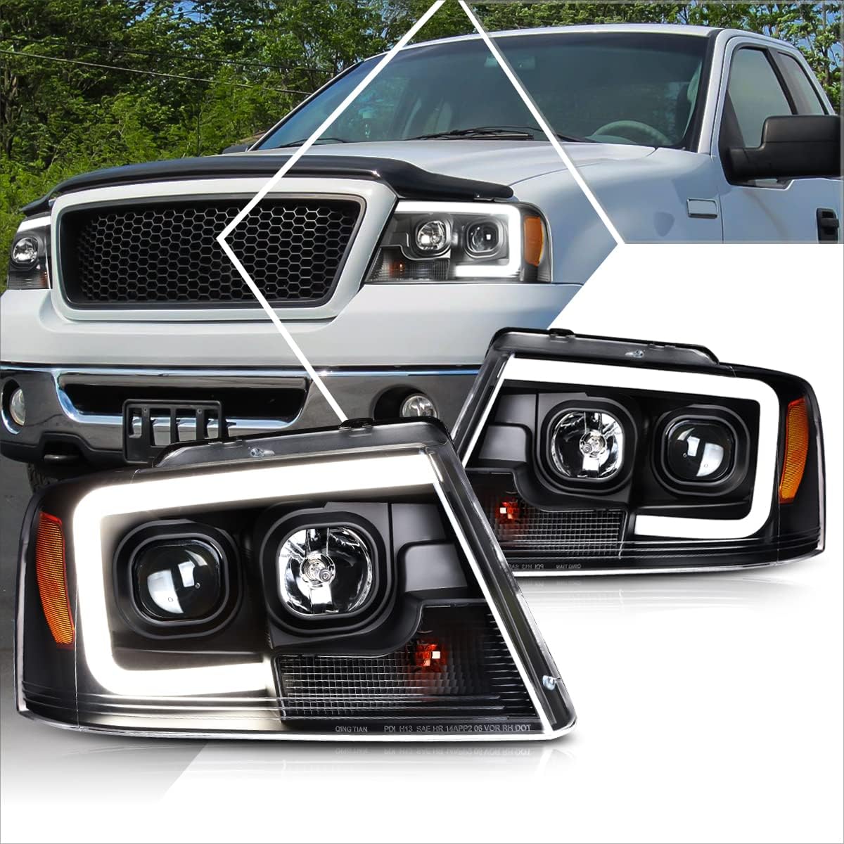 PM PERFORMOTOR Headlights Assembly Compatible with 2004 2005 2006 2007 2008 Ford F150 / 2006 2007 2008 Lincoln Mark LT Projector Headlamps with 3D LED DRL, Chrome Housing/Clear Corner