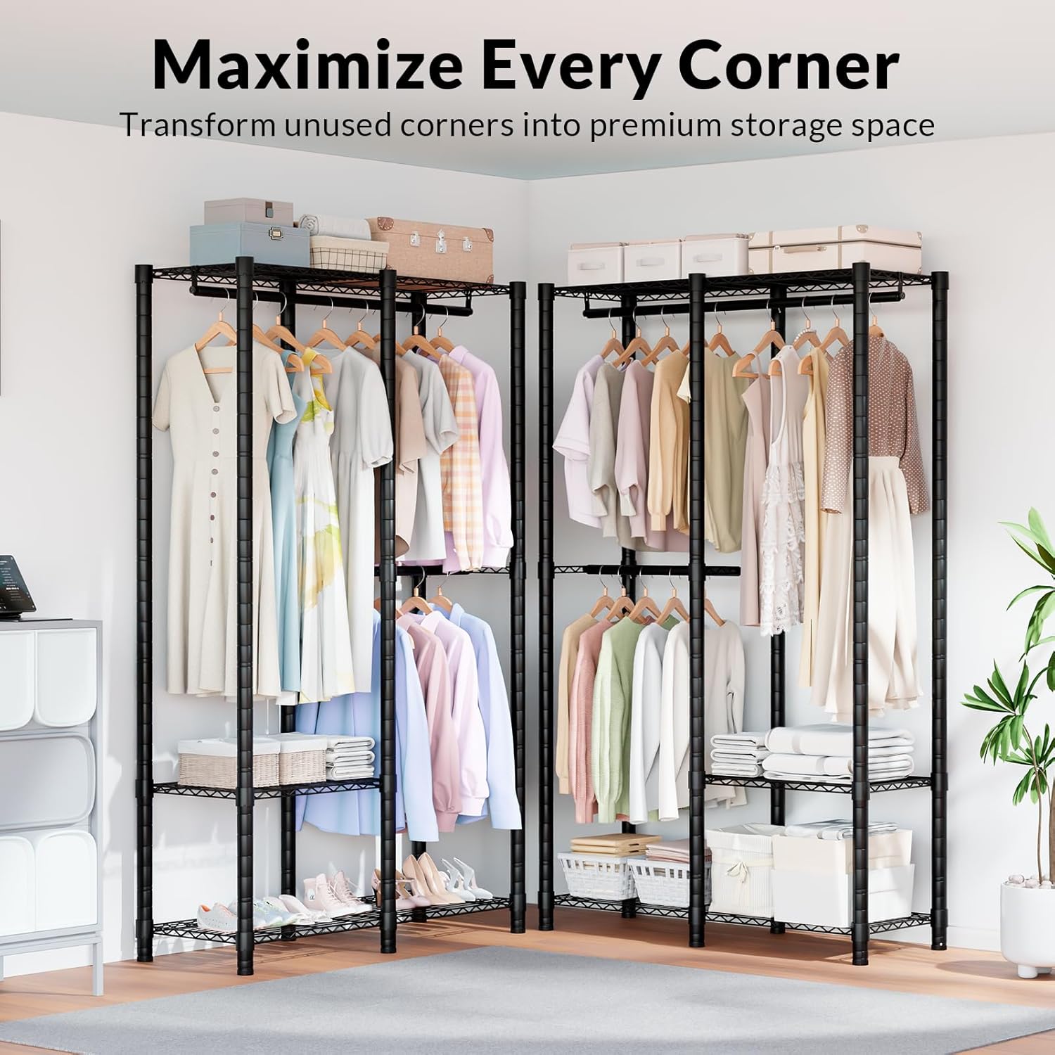Pro Clothes Rack, 3 Tiers Adjustable Shelving Clothing Racks with Hanger Rods,Heavy Duty Metal Freestanding Garment Rack, Portable Cloest Organizer System for Bedroom, Max Load 450lbs, Black