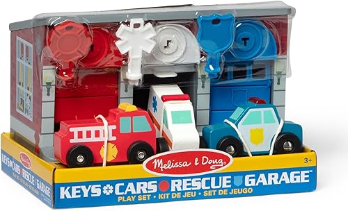 Miniatura 3 de Melissa & Doug Llaves de juguete y coches Vehículos de rescate de madera y garaje (7 piezas) Juguetes de tracción para niños pequeños, garaje de