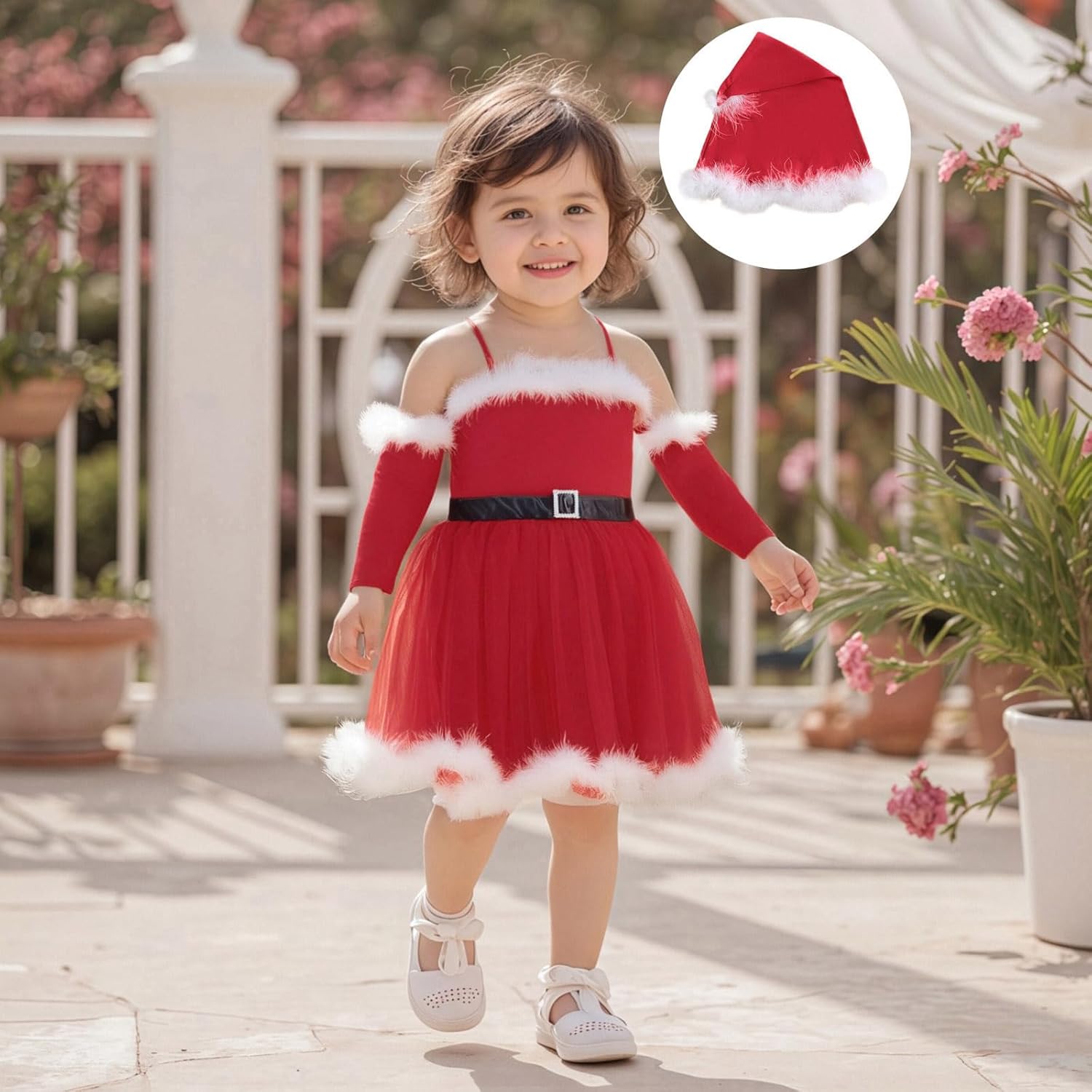 Christmas Toddler Girl Dress Sleeveless Santa One-Piece Dresses Arm Sleeves Hat Set Kids Girls Christmas Outfit - Image 5