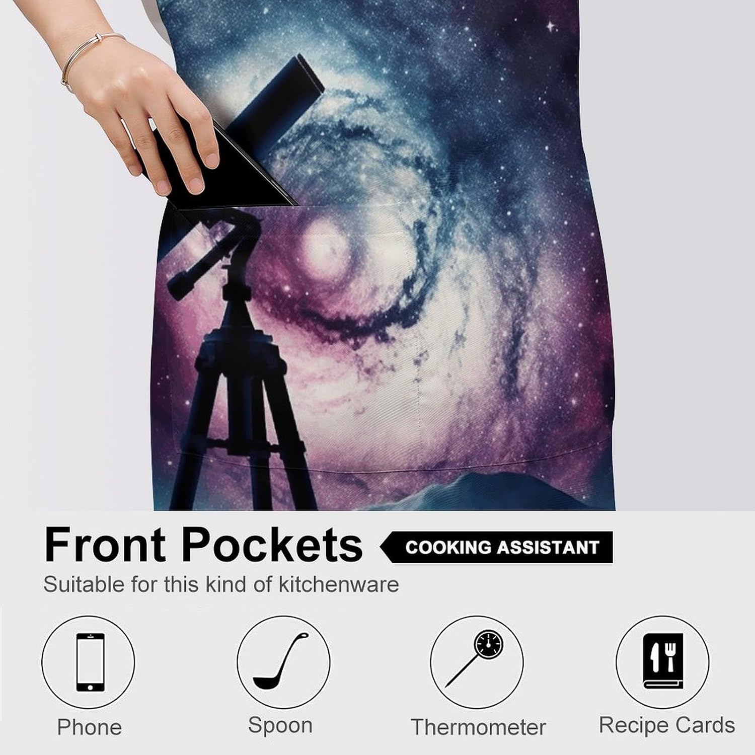 Space Galaxy with Telescope Apron Waterproof Adult Bib Apron with Pockets Chef Aprons Long Style Women Men Aprons for Home Kitchen Cooking Baking Gardening