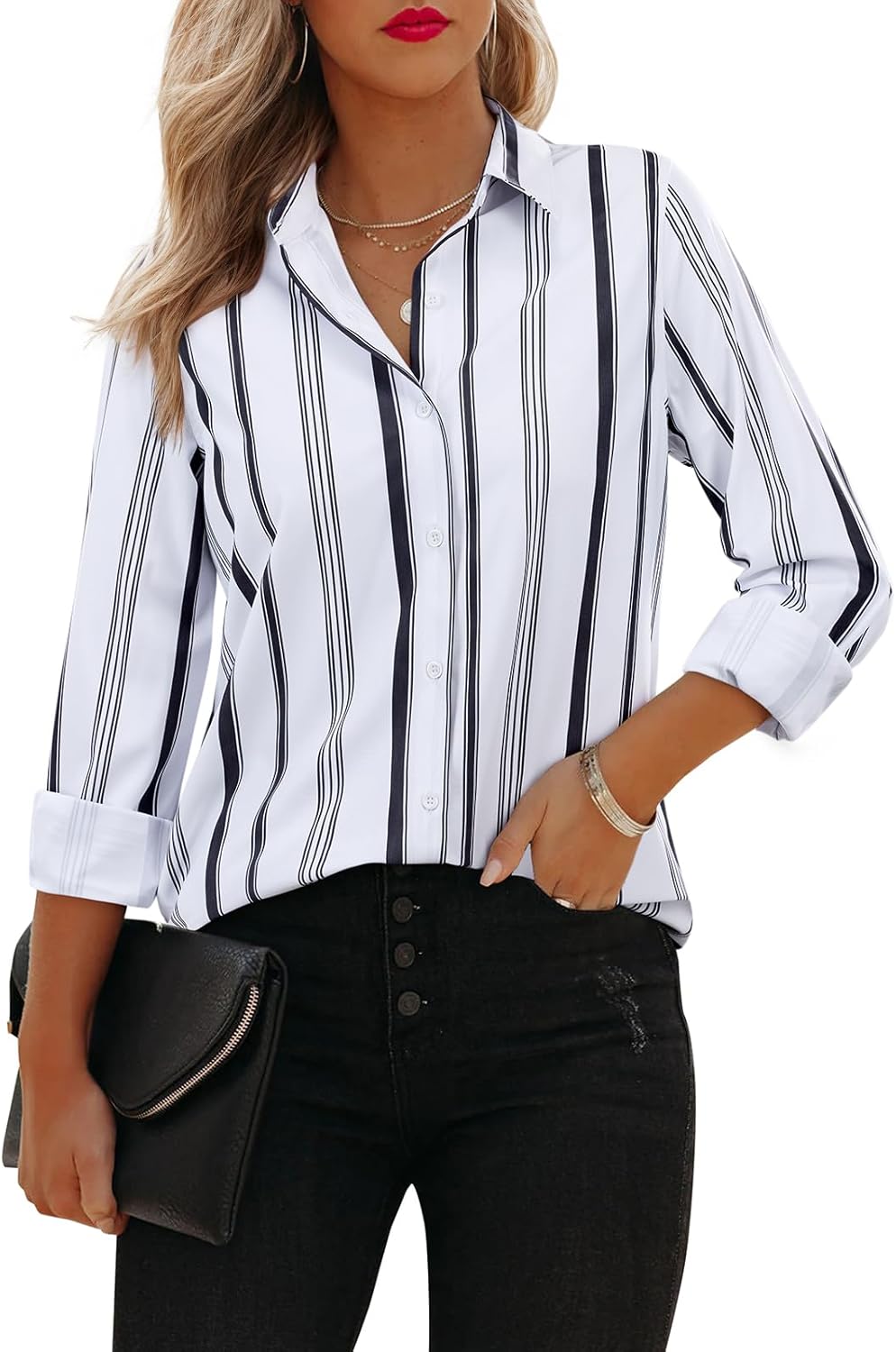 siliteelon Button Down Shirts for Women Striped Long Sleeve Dress Shirts Collared Office Work Blouses Button Up Tops