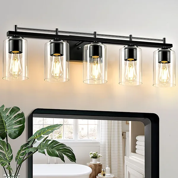 5-Light Modern Bathroom Light Fixtures: Black Vanity Light with Clear Glass Shade, Bath Vintage Wall Mounted Lamps for Mirror