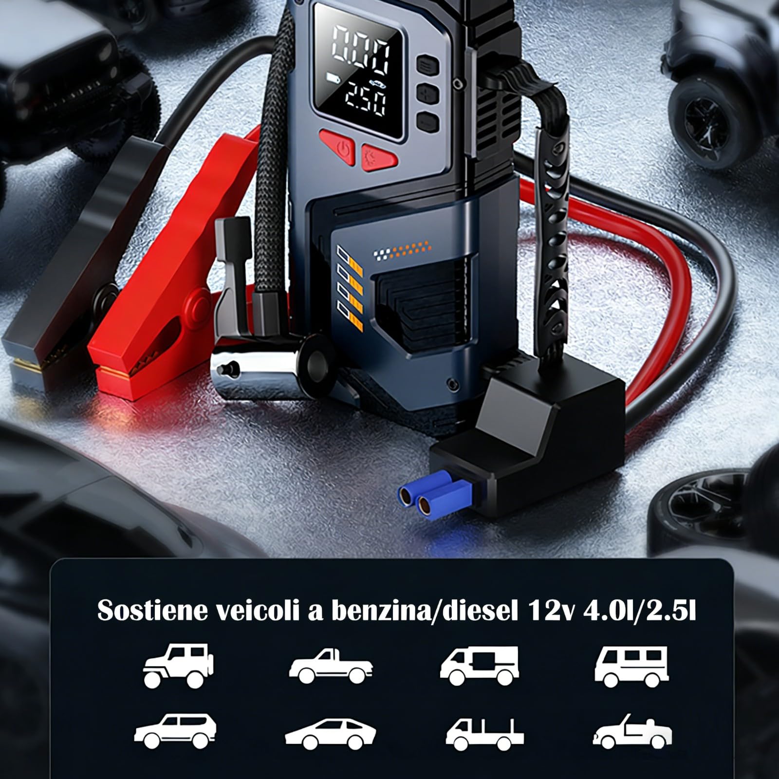 Arrancador portátil para Coche con Bomba de Aire-batería de 12V (hasta 4,0 L de Gasolina/2,5 L de diésel),Pantalla Digital,batería Externa,Kit de Emergencia para Coches,Camiones y Motocicletas(Black)