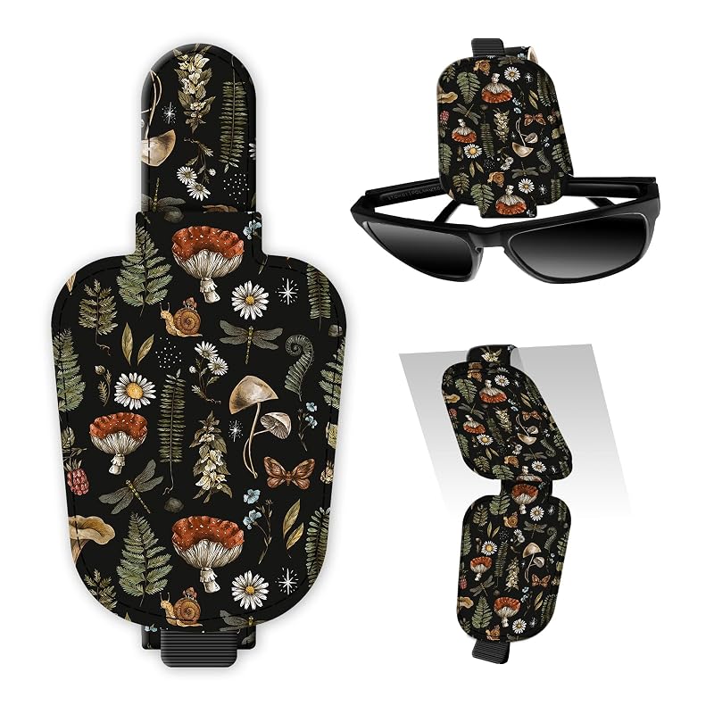 Suporte Magnético de Óculos para Para-Sol Automotivo DtuiQSDRV em Couro, para Óculos, Cartões e Tickets, Design Cogumelo Floresta