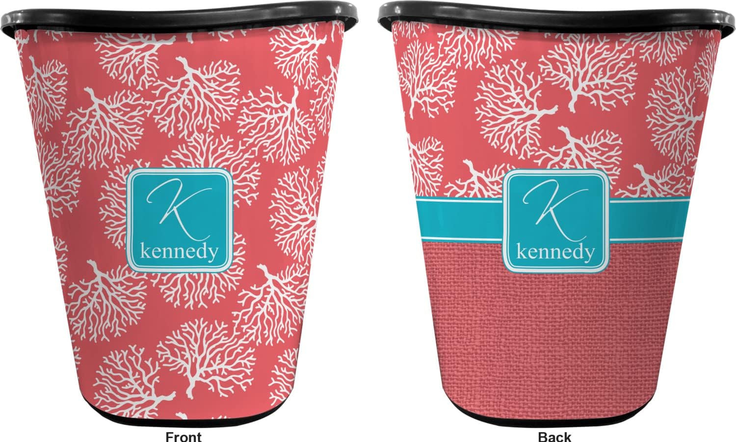 Personalized Coral & Teal Waste Basket - Double Sided (Black)