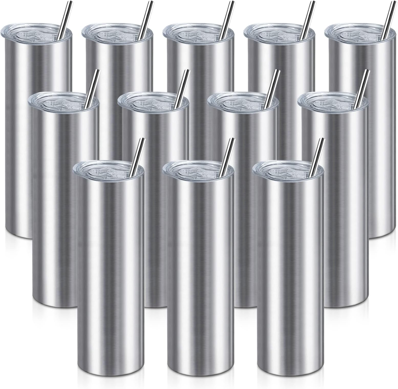 20oz Straight Skinny Tumblers Bulk,Stainless Steel Tumbler with Straw,12 Pack Double Wall Slim Insulated Tumbler for Travel,Coffee,Tea, Beverages,Diy Gift For Men Women Friends(Silver)