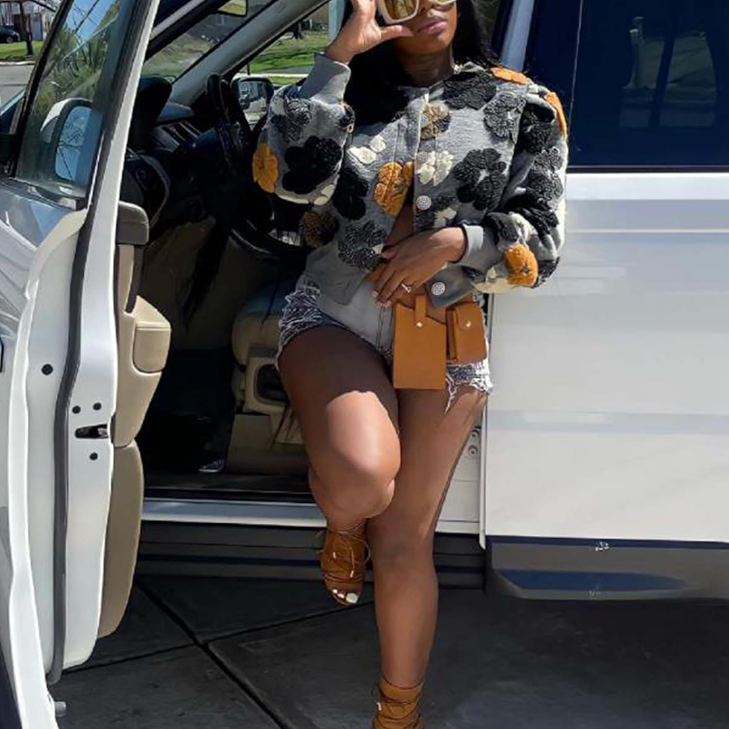 OPCAKM Women's Cropped Floral Print Shacket Jackets Round Neck Long Sleeve Bomber Coat Outerwears - Image 4