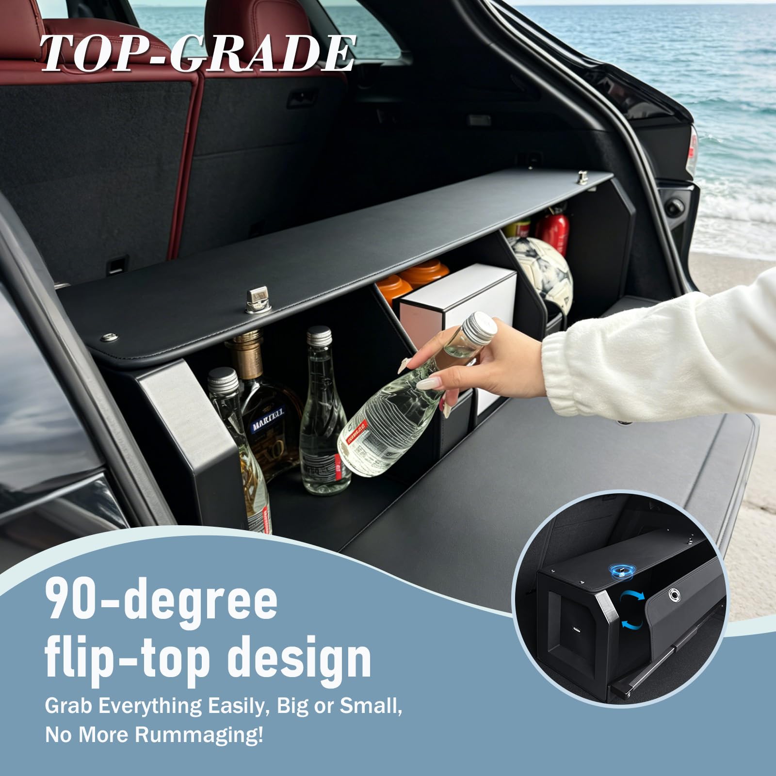 Großer XXL Auto Kofferraum Organizer mit Deckel – Premium NAPPA Leder, Vordertür & Tragbarer Push-Pull-Griff, Stabiler Universal Aufbewahrungsbox für SUVs & Fahrzeuge (Schwarz, 101 * 29 * 31 cm)