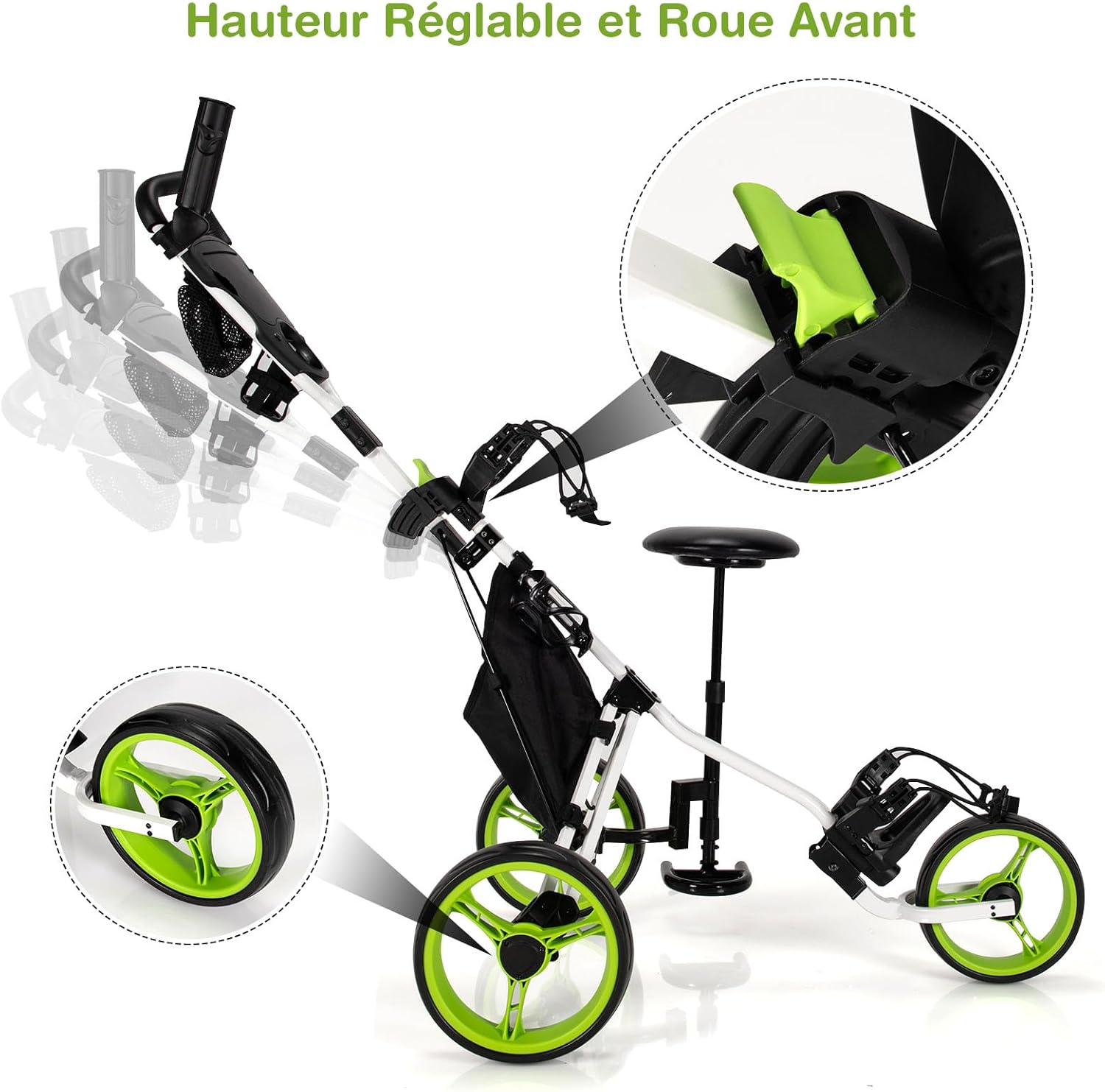 GOPLUS golf cart showing adjustable handle height and front wheel detail