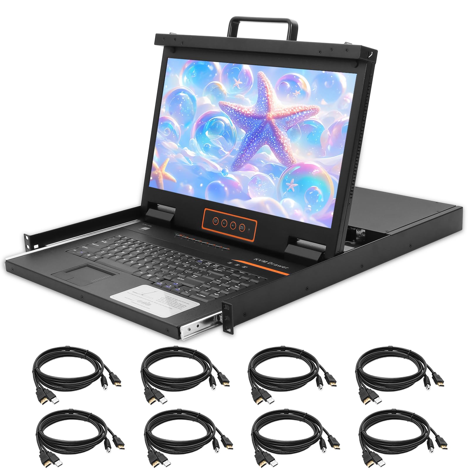 8 Port HDMI Rack Mount KVM Console 18.5-Inch 1080P with Cables, 1U Height LCD KVM Switch, Rackmount Monitor and Keyboard Mouse, OSD/Hotkey/Button