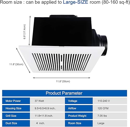 Miniatura 7 de Simple Deluxe - Ventilador de ventilación para cuarto de baño, motor CA, 120 CFM, color blanco