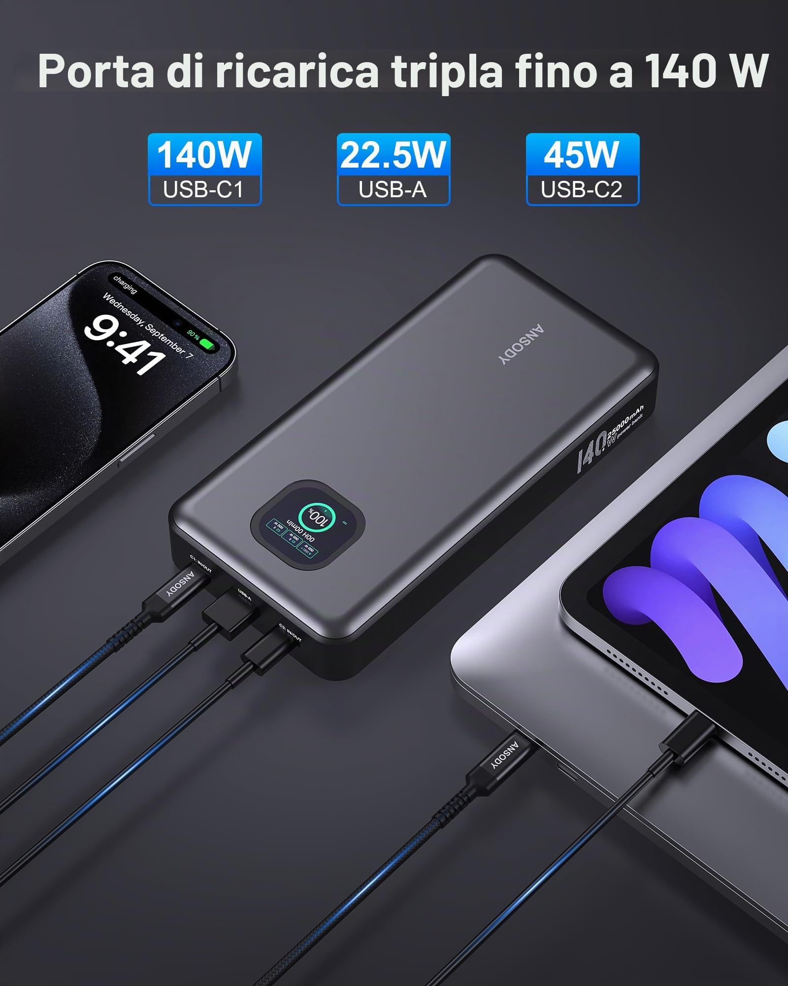 Powerbank da 140 W, 25.000 mAh, per laptop, con display digitale intelligente, batteria di ricarica rapida PD3.1, per MacBook, Dell, XPS, iPad, tablet, Steam Deck, iPhone serie 17-12, switch