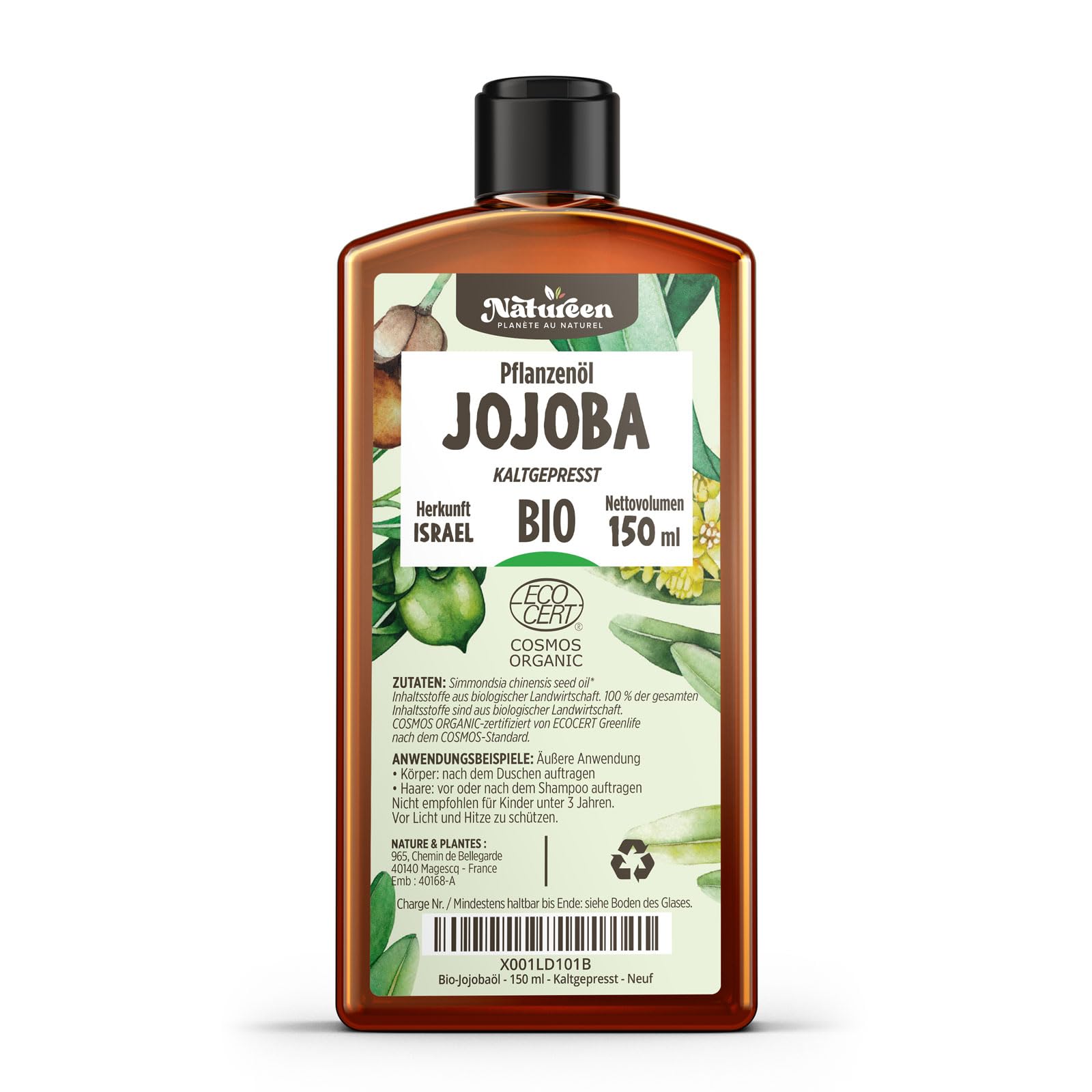 Jojobaöl Bio 150 ml - 100% Bio, Rein, Natürlich & Kaltgepresst, Haare und Nägel, Gesichtsöl und Körperöl, Vegan & Hexanfrei
