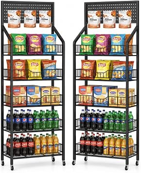 2 Sets 5 Tier Retail Display Racks, Large Capacity Snack Rack Display Stand, Pegboard Snack Shelf with 15 Hooks and 4 Wheels for Supermarket Kitchen Office Store Display, Black