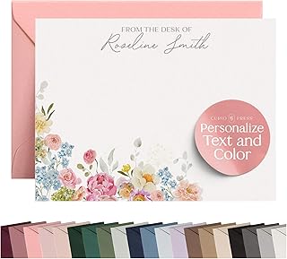 Personalized Stationery for Women, Floral Flat Card with Custom Note Car...