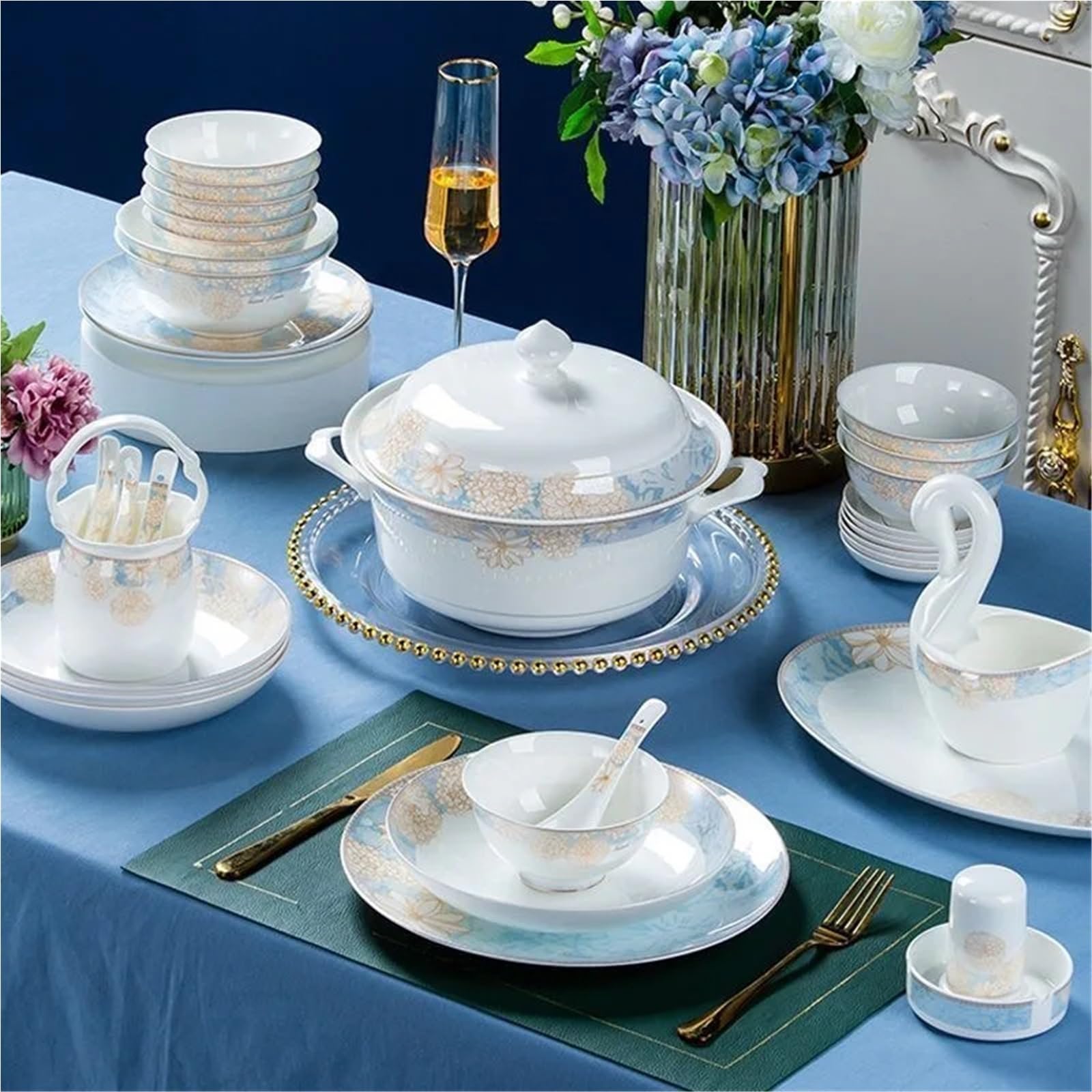 Zestaw naczyń ceramicznych, obejmujący miseczki na jedzenie, desery, sztućce, miski do ryżu, miski do sałatki i przybory kuchenne, 60 elementów.,60pcs-