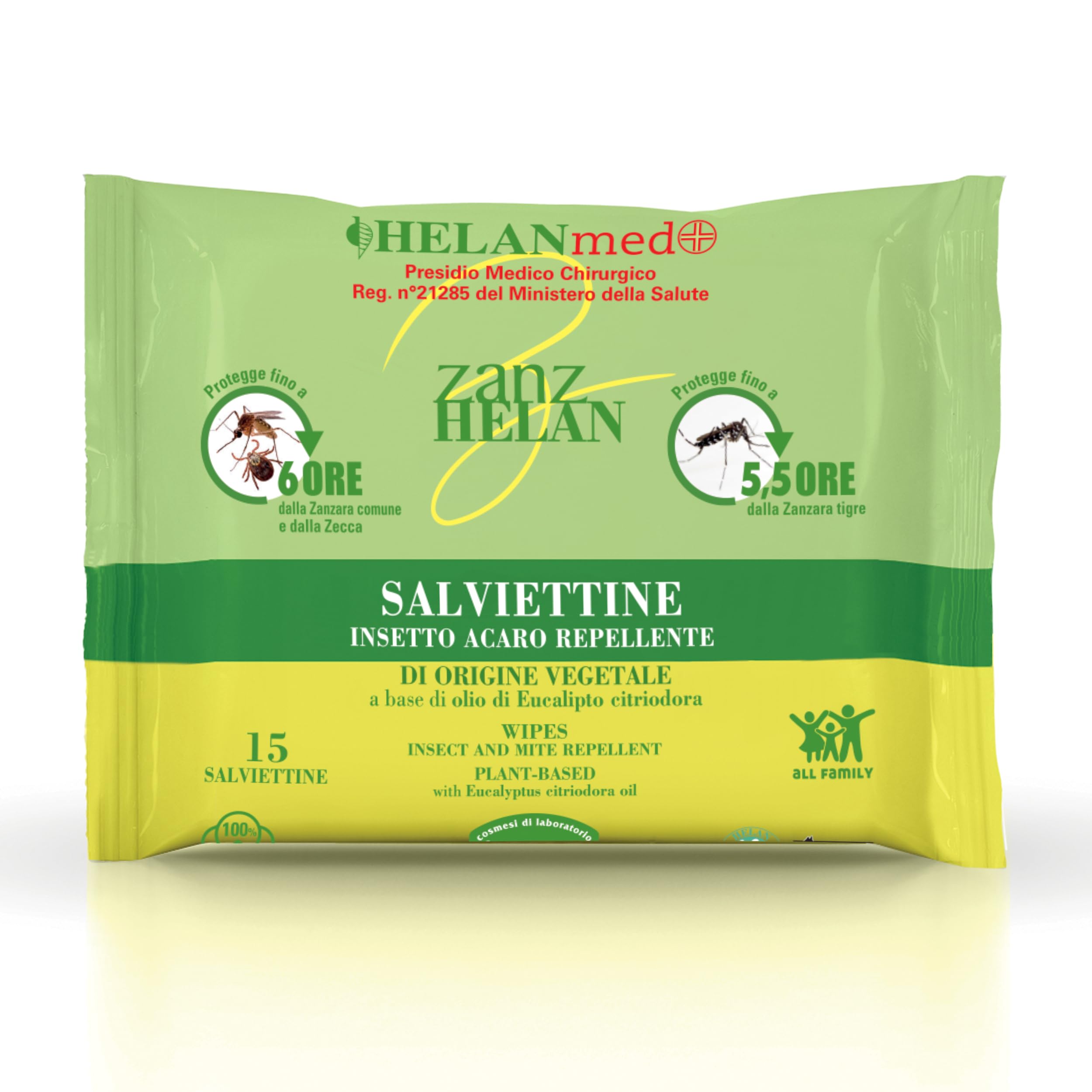 Helan Med Zanzhelan - Salviette Umidificate Antizanzare Bambini Adulti 100% Cotone Bio, Anti Zanzare con Olio di Neem, 15 Salviettine Repellente Zanzare Zecche Fino a 6 Ore, Presidio Medico Chirurgico