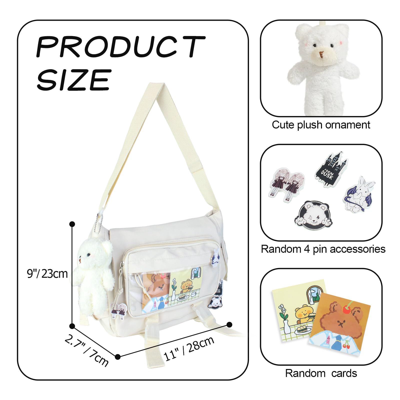 Kawaii Ita Bag damska torba na ramię z przypinką i zawieszką, japońska torba kurierska Y2K na ramię