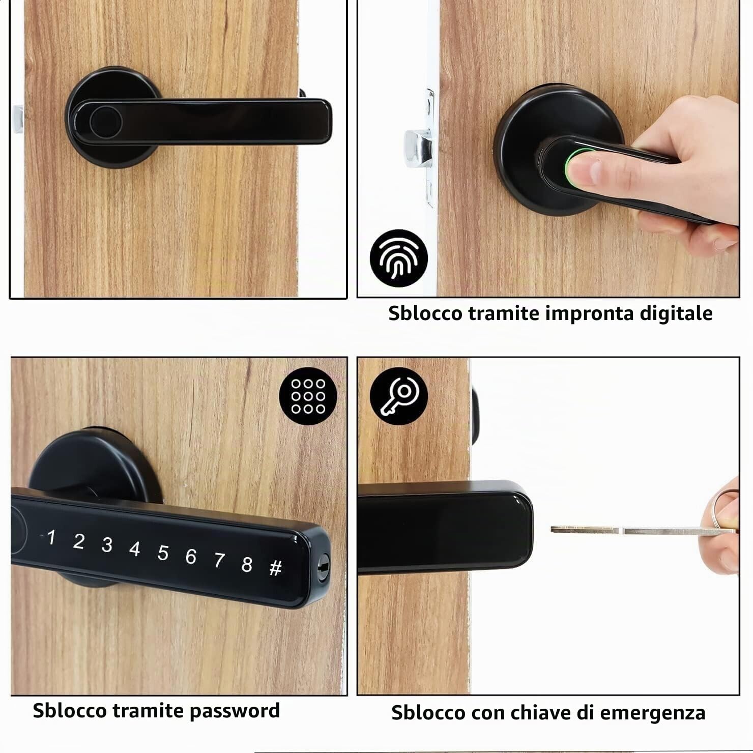 Serratura intelligente per porta con impronta digitale con codice app Chiave di backup Impronte digitali Manopola intelligente per porta d'ingresso senza chiave con maniglia per casa, hotel,