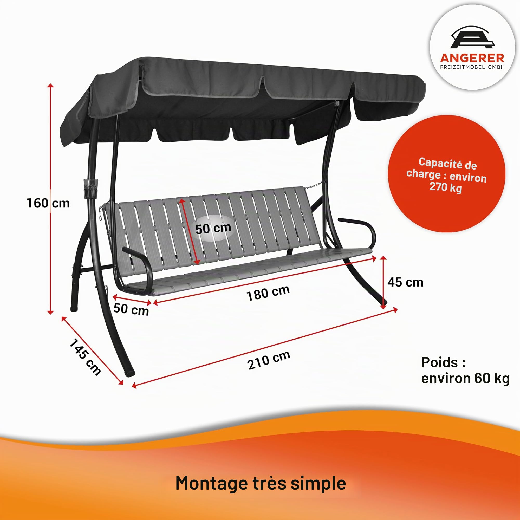 Angerer Balancelle de Jardin Trend, 3 Places Convertible en Lit, Acier Galvanisé, Toit Ajustable, Coussins Lavables, Capacité 270 kg, Fabriqué en Allemagne (Vert uni)