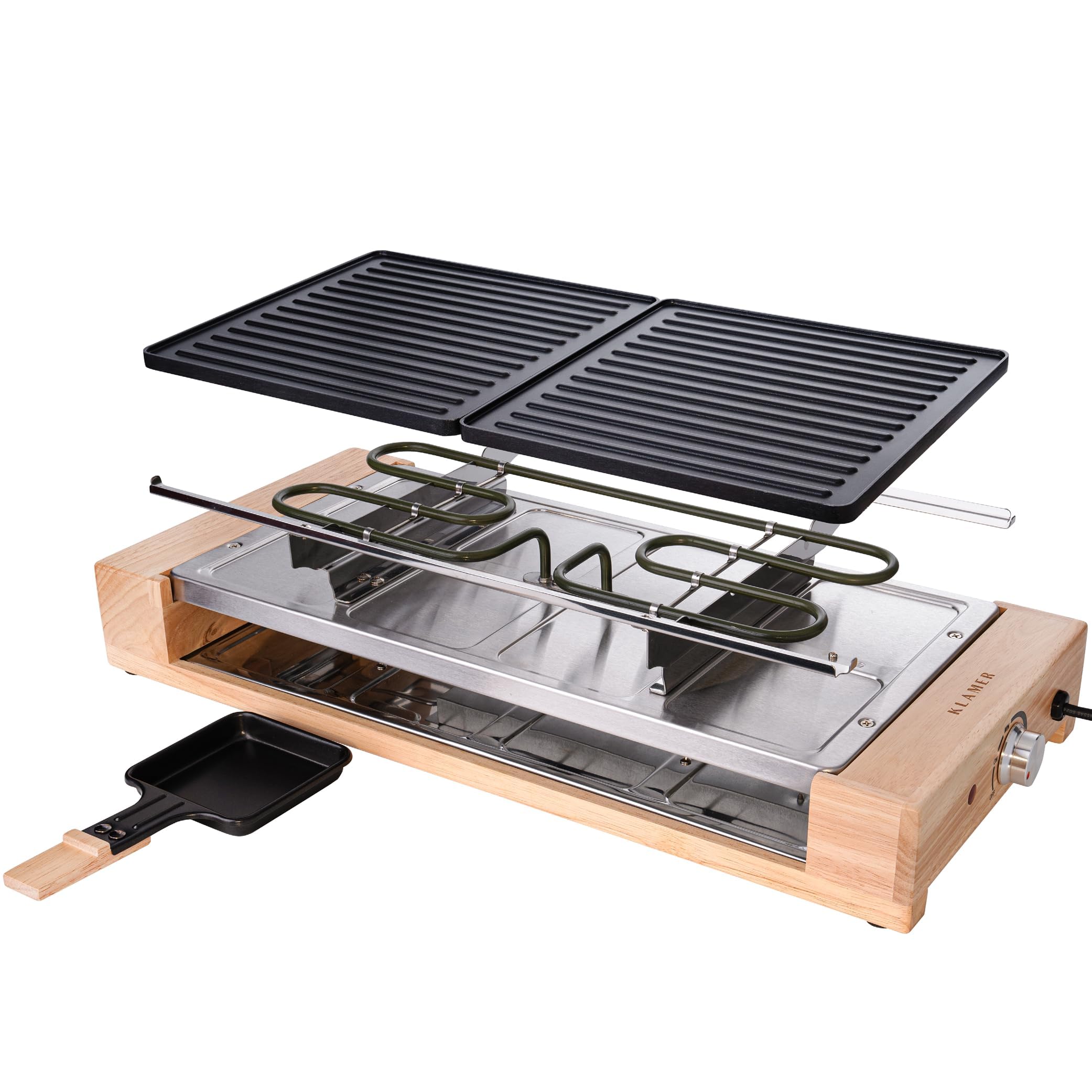 KLAMER Raclette Grill 8 Personen 1500 W mit Holzgestell & Parkdeck, Alu-Druckguss-Grillplatte antihaft, stufenlos regelbar, ILAG Beschichtung, Test „Sehr gut (1,4)“, deutsche Marke Berlin