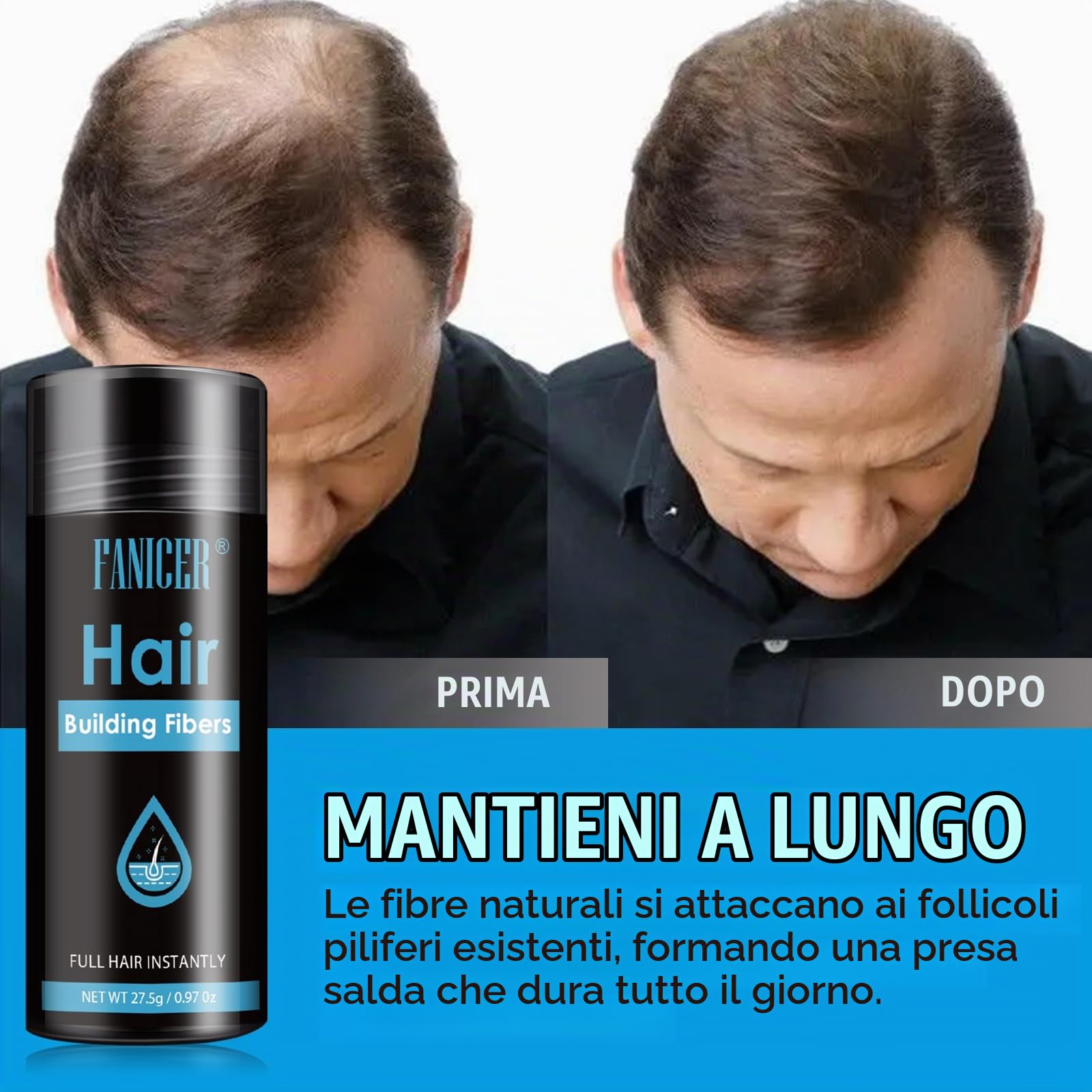 Fibra Capillare Polvere, Polvere radice capelli, Dissimula Calvizie, Unisex, Marrone scuro, Neutro, 27.5 grammi