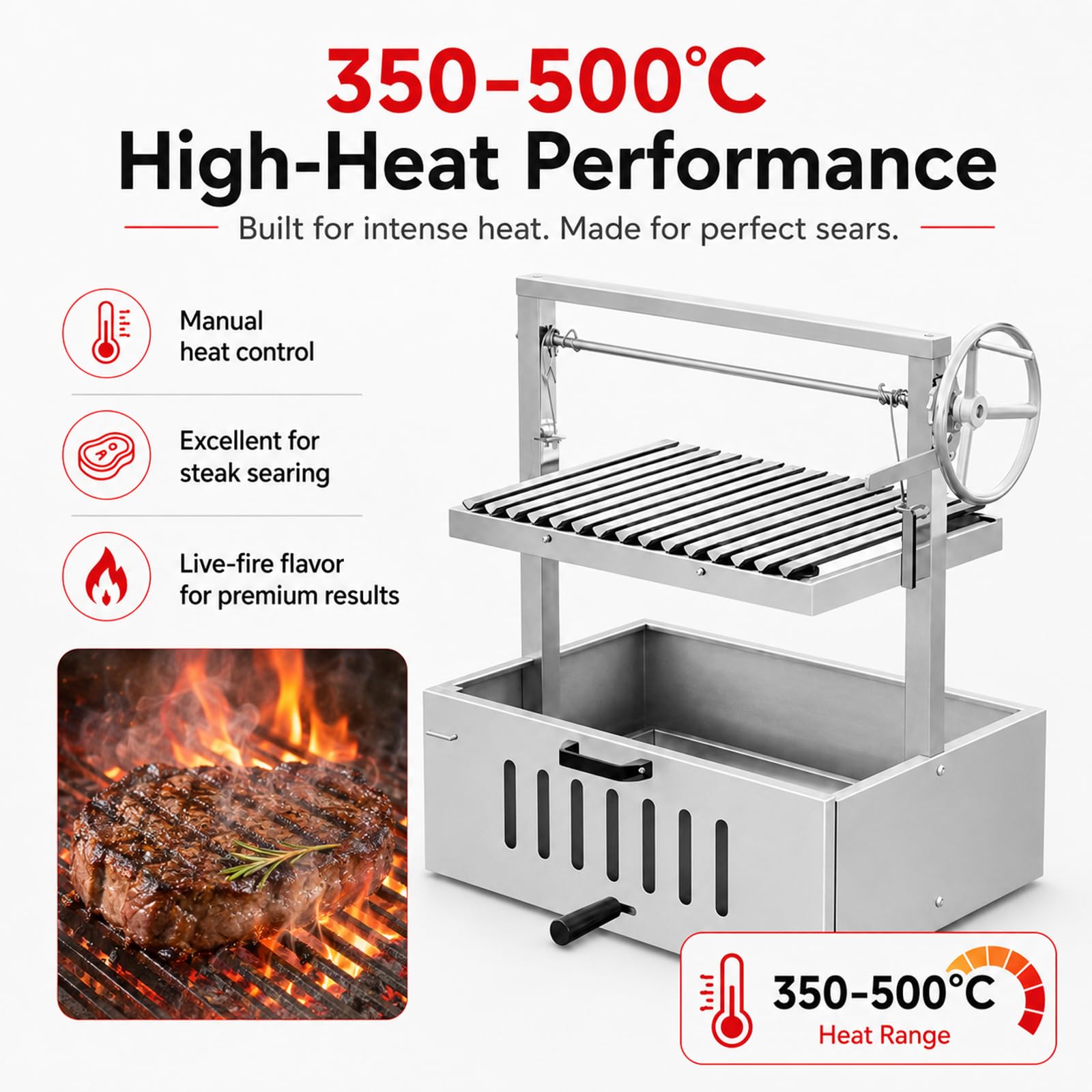 Grill in Stile Argentino, Barbecue da Esterno 201StainlessSteel | Altezza regolabile per controllare la temperatura, griglia a V per lo scolo dei grassi; per 3–5 persone