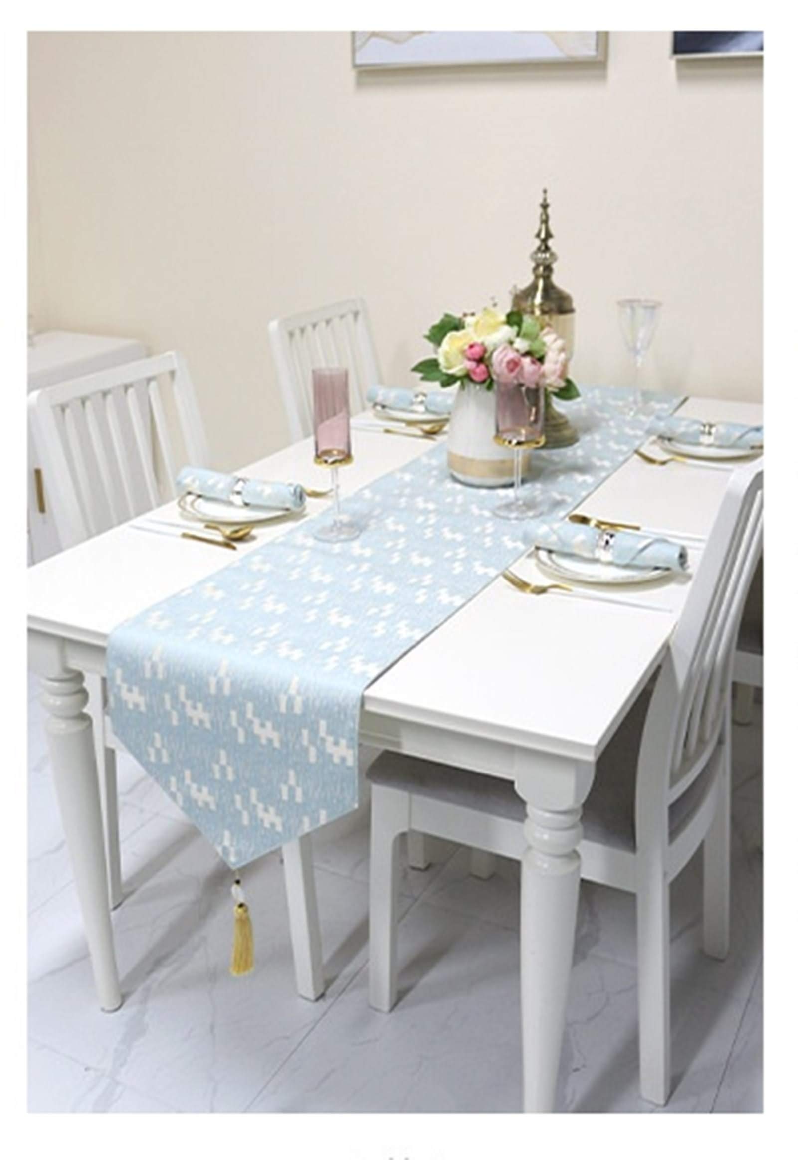 KnSam Chemin de Table Bleu Glace, Jacquard Puzzle à Franges, Coton, 35x200 cm, Couverture Décoration Table à Manger, Table à Thé, Placard