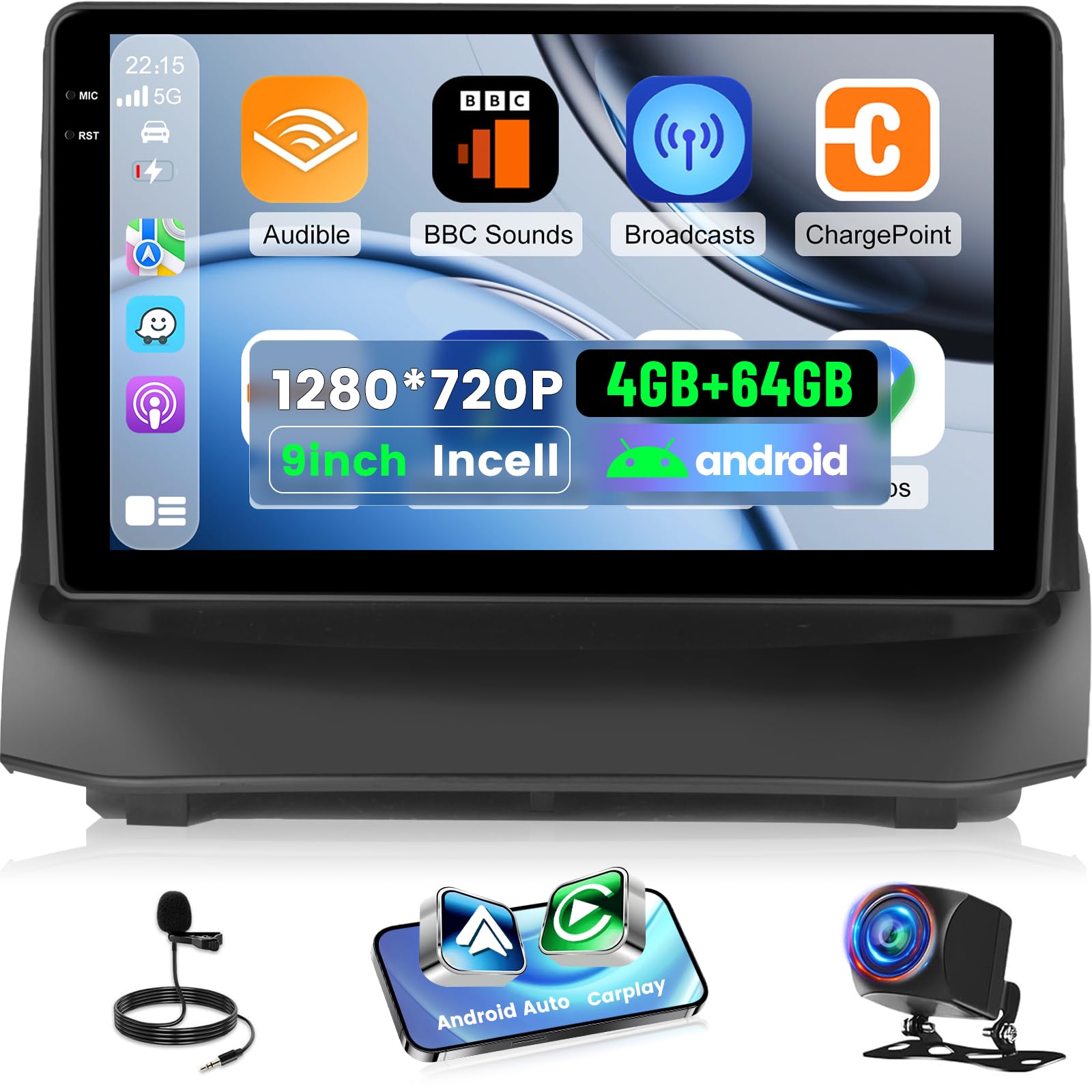NHOPEEW 4+64G Android Autoradio per Ford Fiesta 2009-2017 con Wireless Carplay e Android Auto - Schermo incell da 9 pollici Supporto WiFi GPS Comandi al volante + Telecamera di retromarcia, Canbus