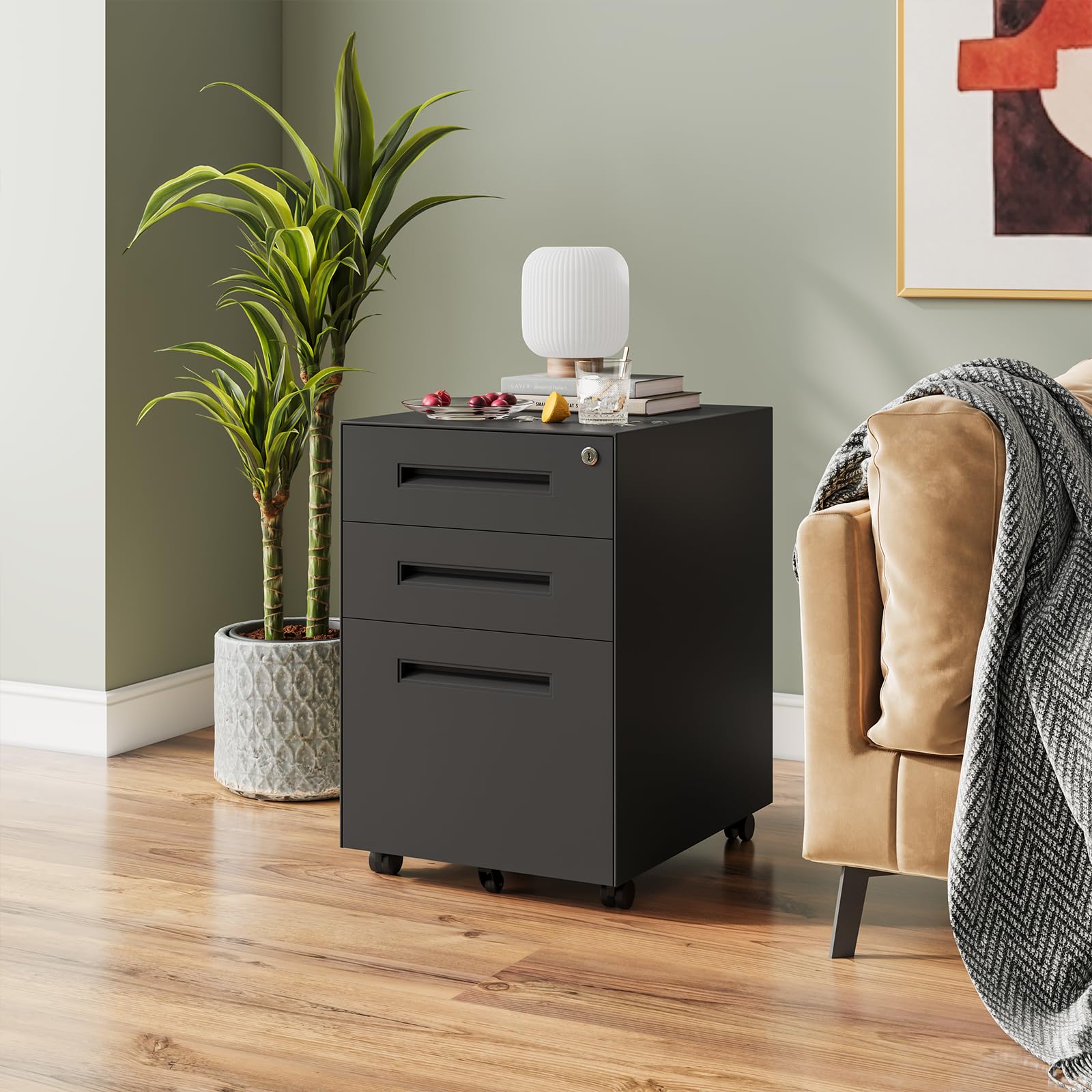 Dripex Caisson Bureau 3 Tiroirs, Caisson de Bureau Métal avec roulettes et Serrure pour Rangement de Documents et Dossier Suspendu pour Travail, Bureau à Domicile, 45 x 39 x 60 cm - Noir