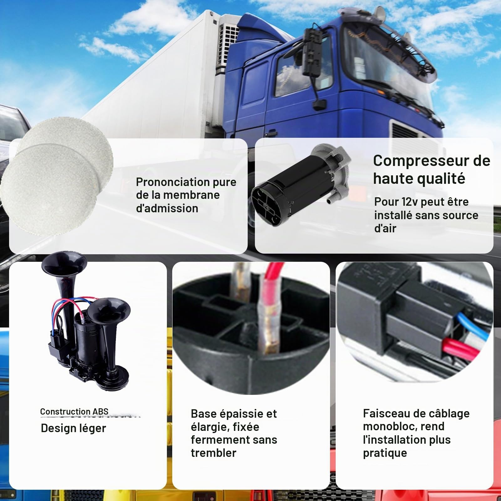 Klaxon à air pour camion 150 dB 12 V double trompette super puissant avec compresseur pour camions, trains, camions, voitures, bateaux (noir)