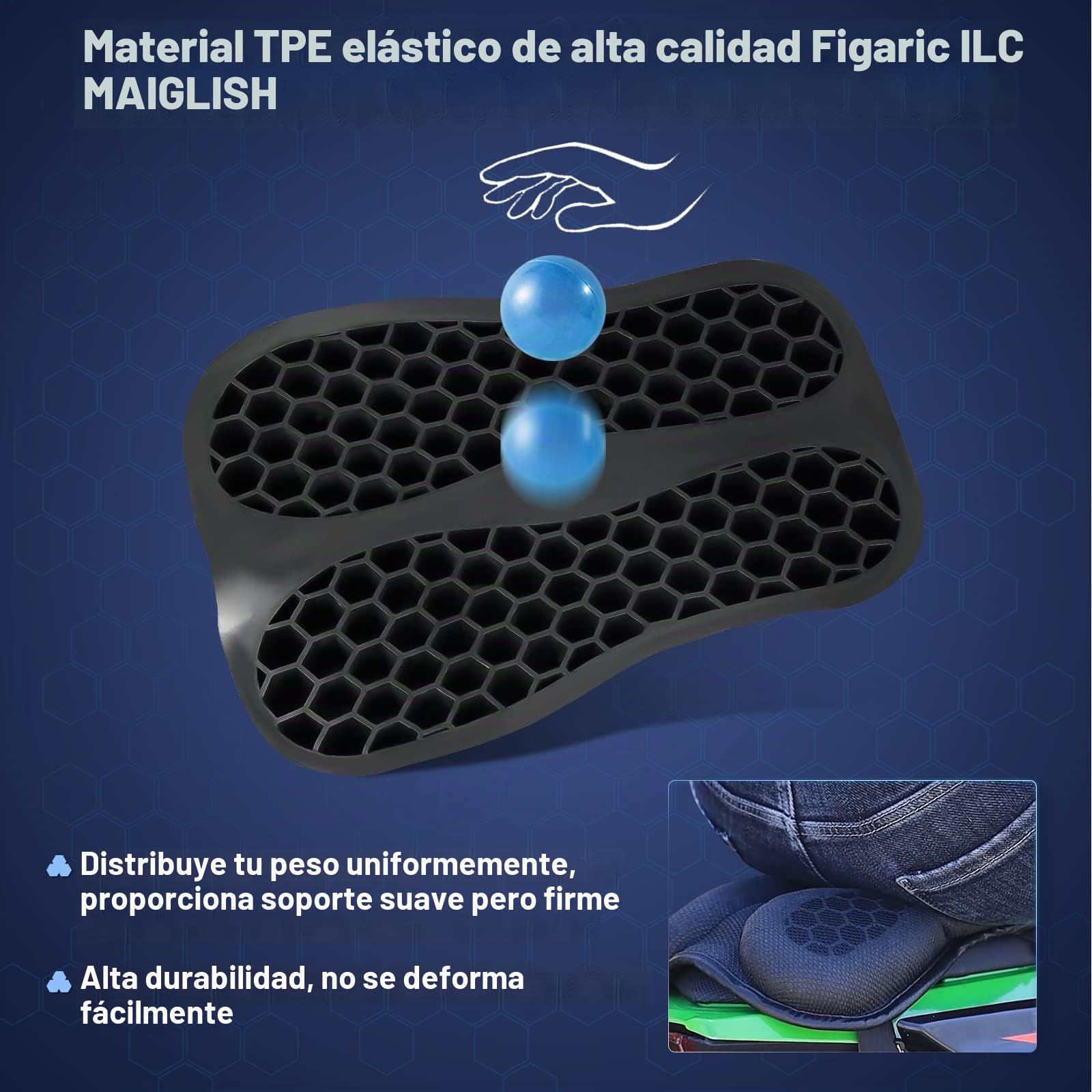 Cojín Plegable de Gel para Asiento Trasero de Pasajero de Motocicleta, Estructura de Panal 3D, absorción de Impactos y Almohadilla de Gel Transpirable para Viajes Largos, Talla S