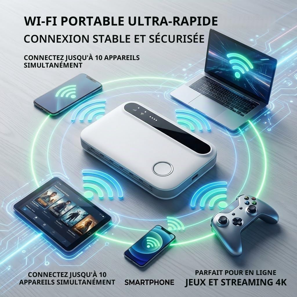 Routeur WiFi Portable - Hotspot Carte SIM, Internet Mobile Jusqu'à 300 Mbps,Convient pour Les Voyages et Le Travail Extérieur, Prend en Charge la Connexion Simultanée de Jusqu'à 10 Appareils