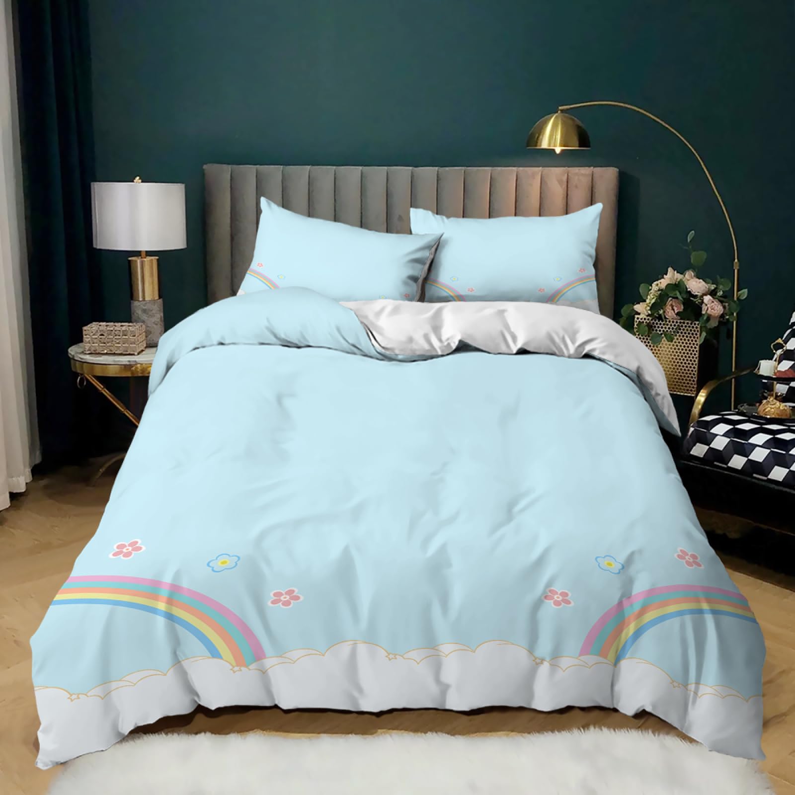 Super King Duvet Set Rainbow Blue Duvet Cover Sets 260x220 Ultra Soft,Bedding 3 Pcs with Zipper Closure + 2 Pillowcases(50X75Cm),Printed Microfiber Duvet Cover