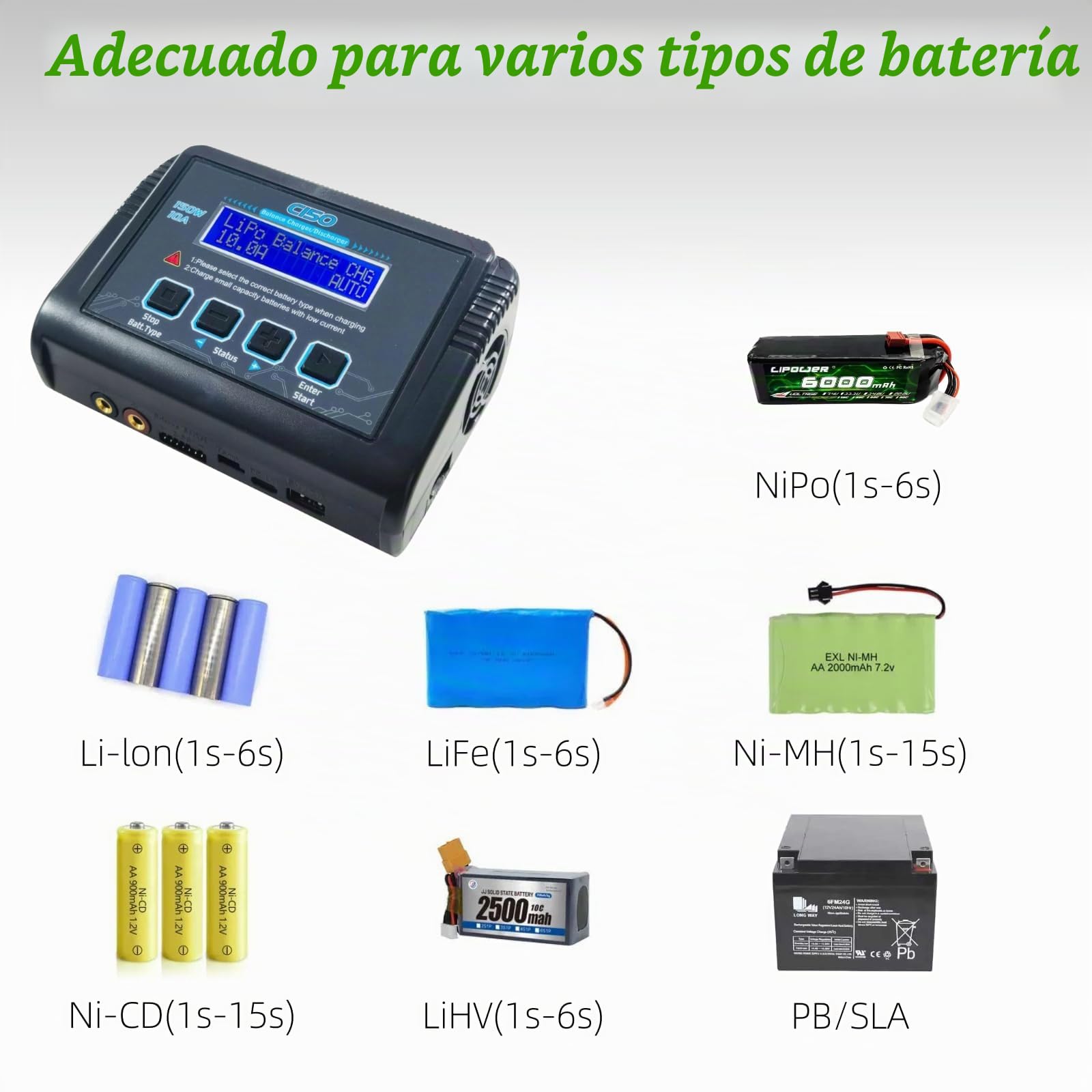 Cargador/descargador Inteligente de baterías de Litio C150 de 150 W y 10 A, Cargador RC para baterías LiPo, Li-Ion, Life, LiHV, NiMH, NiCd y PB, con Control por Pantalla LCD, múltiples interfaces