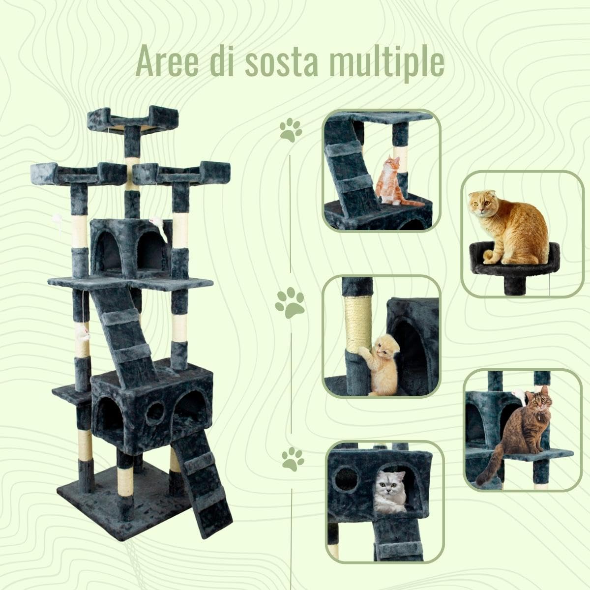 Mobiclinic® Pets, Albero tiragraffi per gatti, Modello Tom, Marca Europea Grande, Per arrampicarsi, 4 altezze, Con piani e rifugi, Anti-stress, Corda di sisal, colore Grigio