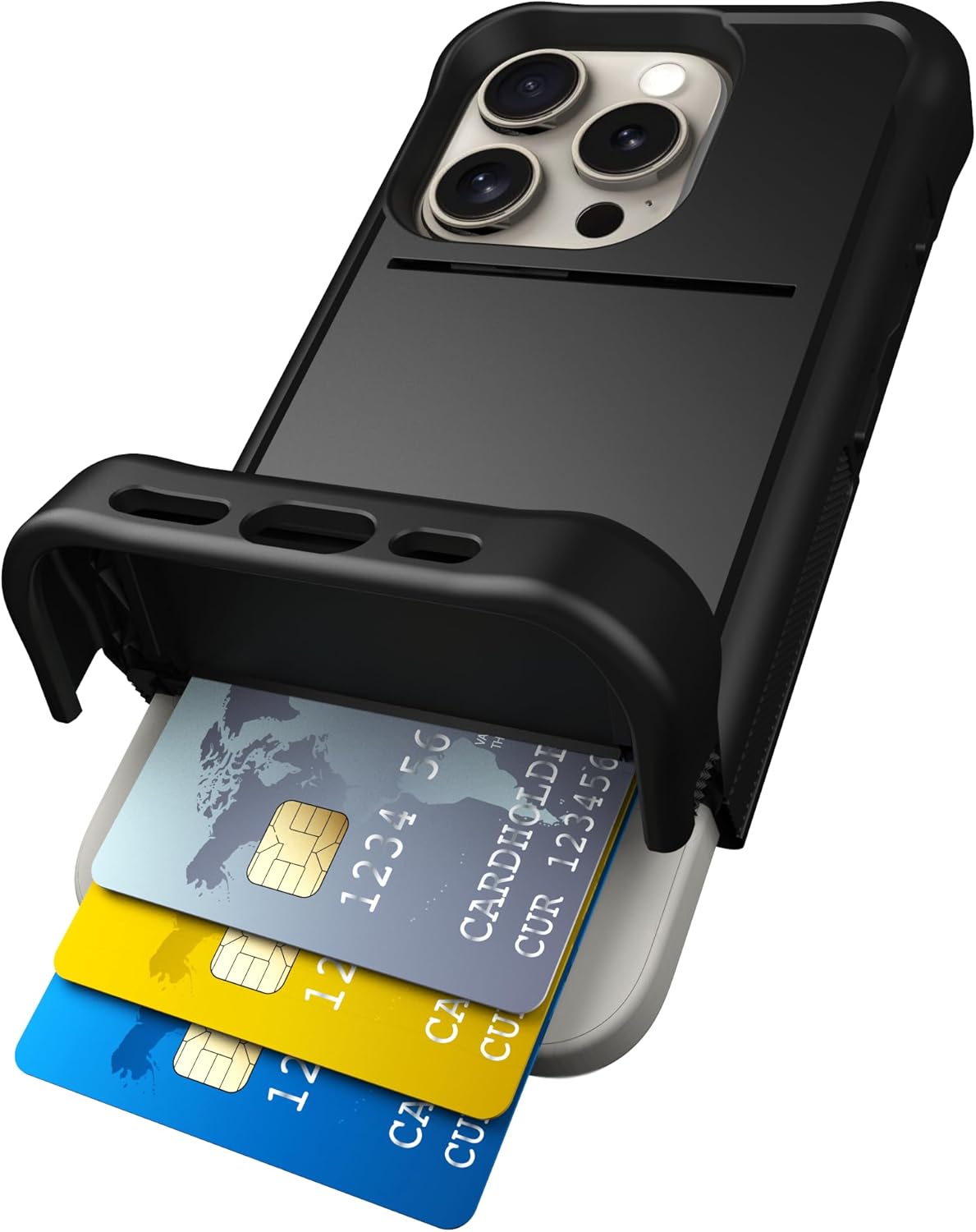 Scooch for iPhone 15 Pro Case with Card Holder, Wingmate Wallet Case with Hidden Card Slot and RFID Protection for up to 4 Cards, 10-Foot Drop Protection, Black