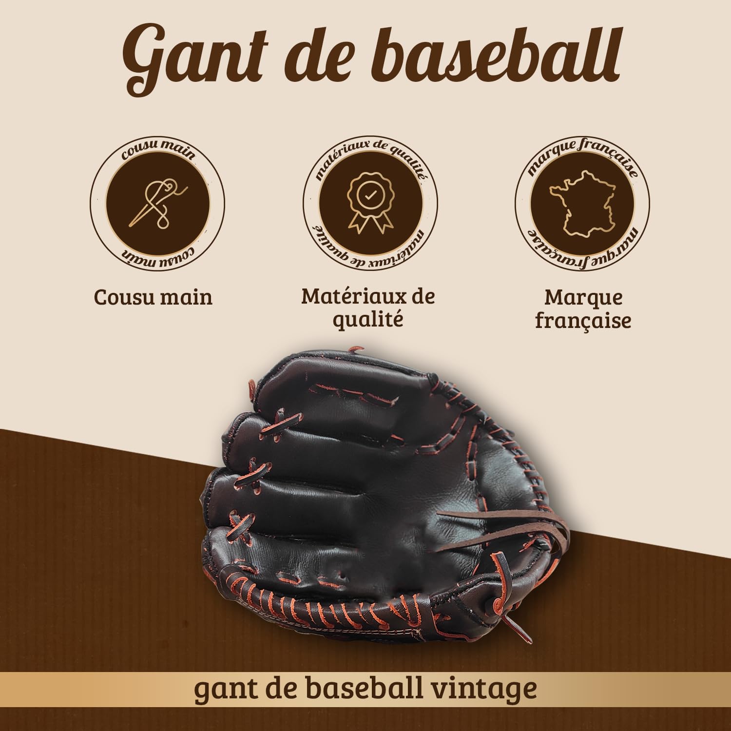 Gant De Baseball - Marron Vintage - Cuir De Vachette - Cousu Main - Marque Française