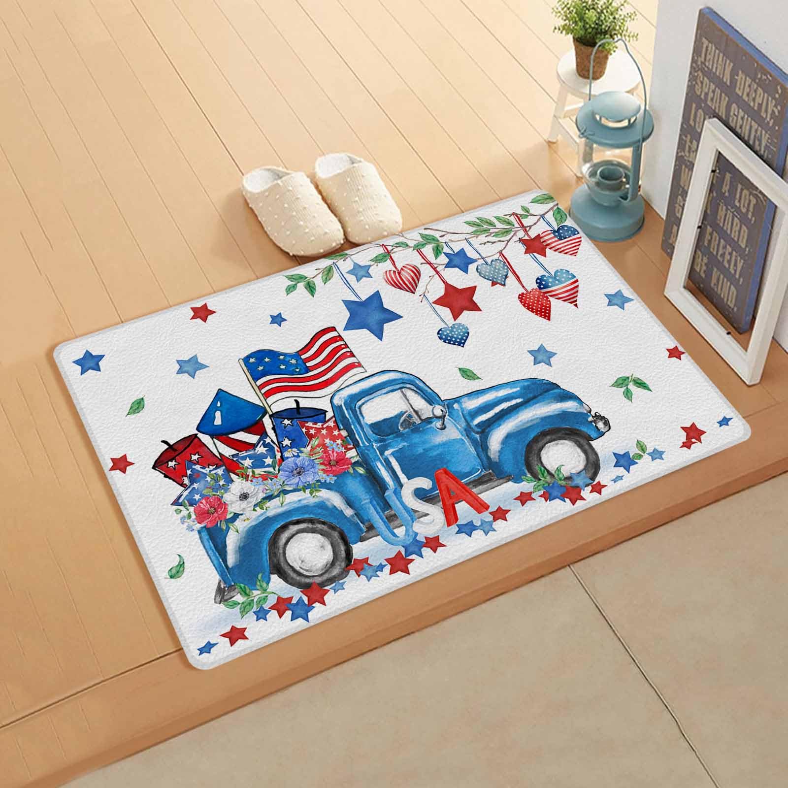 Patriotic Blue Truck Antifatigue Kitchen Bath Door Mat Cushioned Runner Rug,Washable Welcome Floor Sink Mat,Waterproof Non-Slip Kitchen Standing Doormat,Star Love Eucalyptus 4th of July Floral 24
