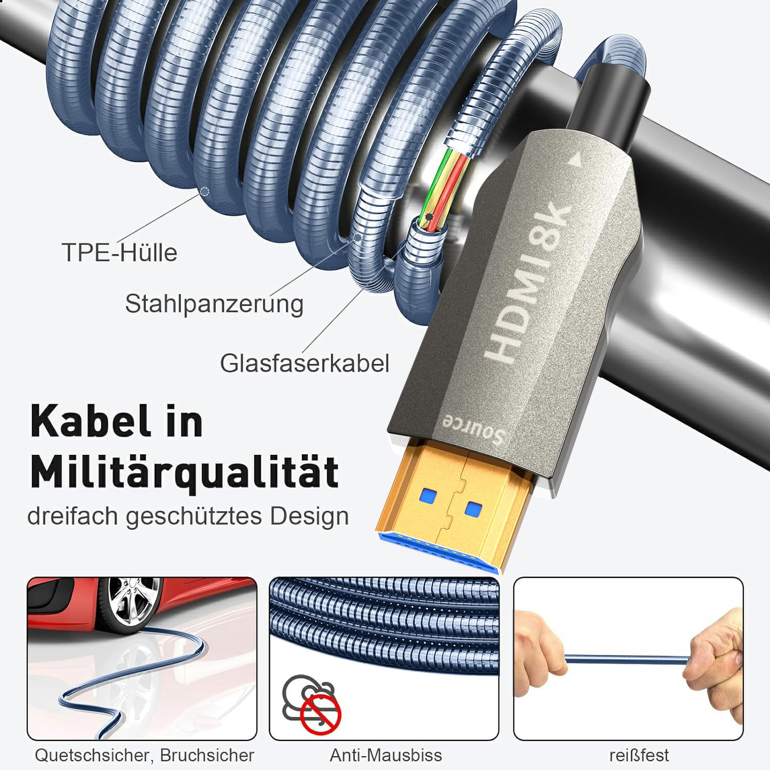 Cable de fibra óptica 8K HDMI 30M, blindaje de acero óptico HDMI 2.1, 48 Gbps, ultra alta velocidad, 8 K @ 60 Hz, 4 K @ 120 Hz, Dynamic HDR eARC Dolby HDCP 2.2 y 2.3 para HDTV/proyector/cine en