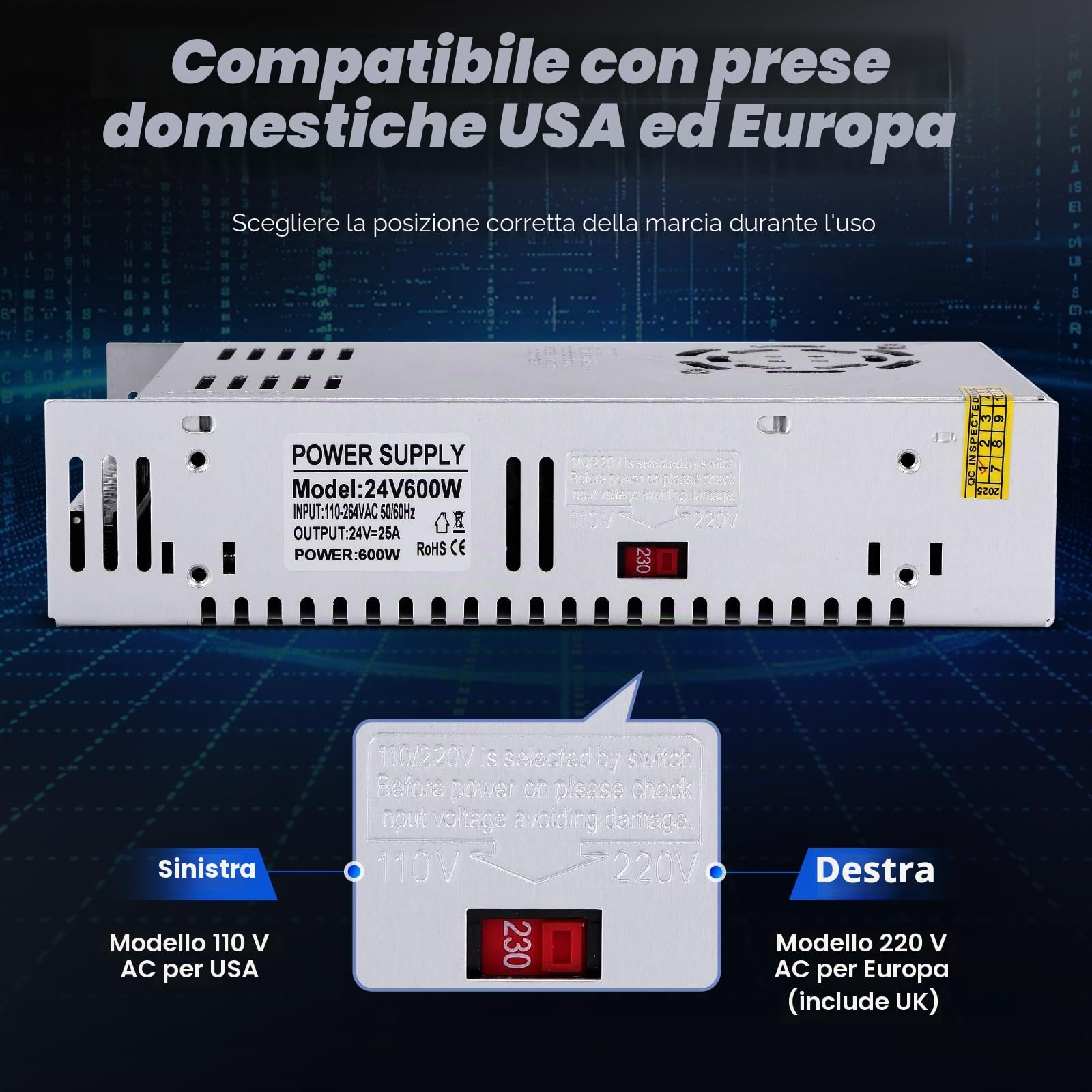 Alimentatore switching regolabile universale, 24 V, 25 A, 600 W, DC, adattatore LED, convertitore, trasformatore, adattatore per strisce LED, CCTV, progetto computer, radio, paesaggio