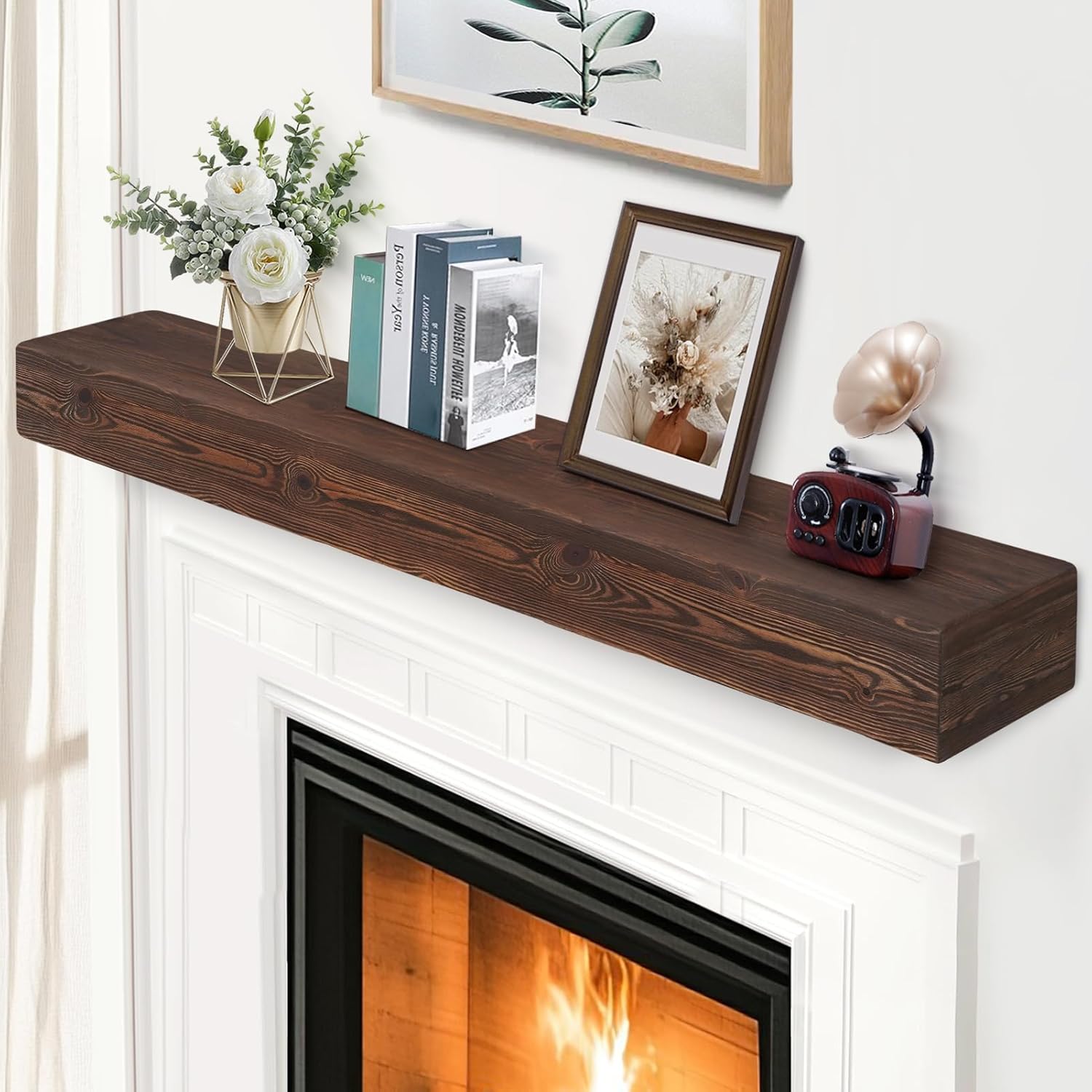 G GOOD GAIN Fireplace Mantel 60inch - Handmade Rustic Wood Mantel for Over Fireplace | Wall Mounted Floating Mantle Shelves for Living Room Decor(Chocolate, 60Lx5Hx8D) 60"x8"x5" Chocolate-aged